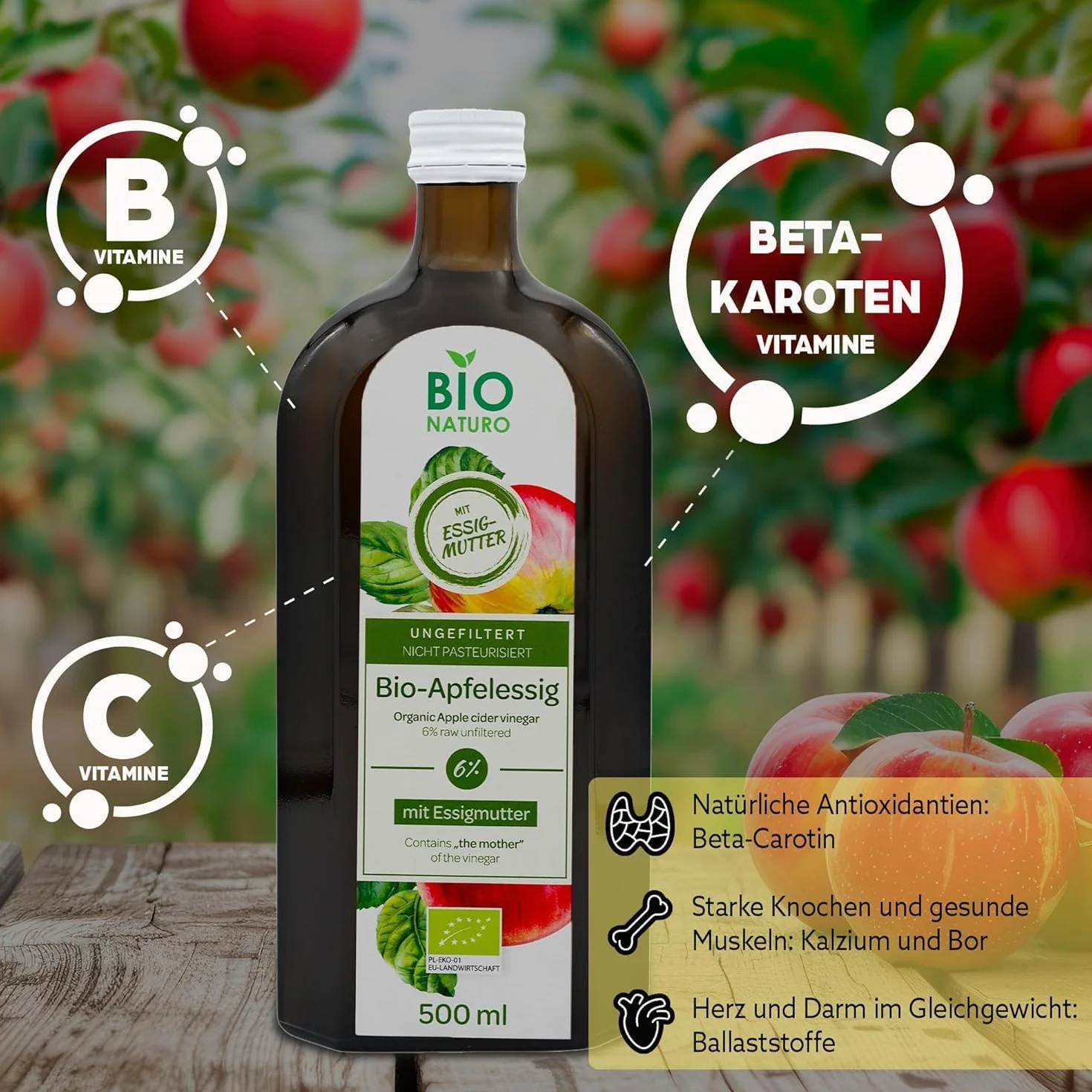 BIONATURO 2x Organiczny ocet jabłkowy 6% 500ml - Ocet z ekologicznych Jabłek - Naturalnie mętny - Niefiltrowany, bogaty w składniki odżywcze - do gotowania, diety i zdrowia - Ocet wegański