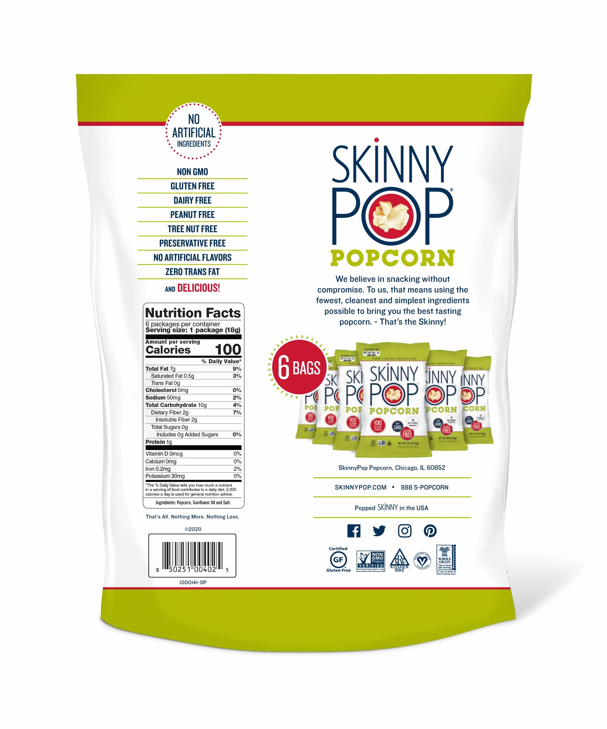 SkinnyPop Popcorn, Gluten Free, Dairy Free, Non-GMO, Healthy Snacks, Skinny Pop Original Popcorn Snack Packs, 0.65oz Individual Size Snack Bags (6 Count)