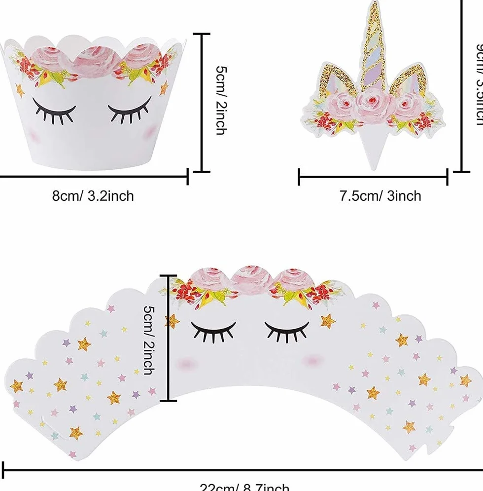 Cupcake Topper Wrapper, 24 zestaw Unicorn Cupcake Toppers Cupcake Wraps Dekoracja Ciasto Jednorożec, na Party Supplies Cake Decorations Dzieci Dziewczyny Prezent Urodzinowy