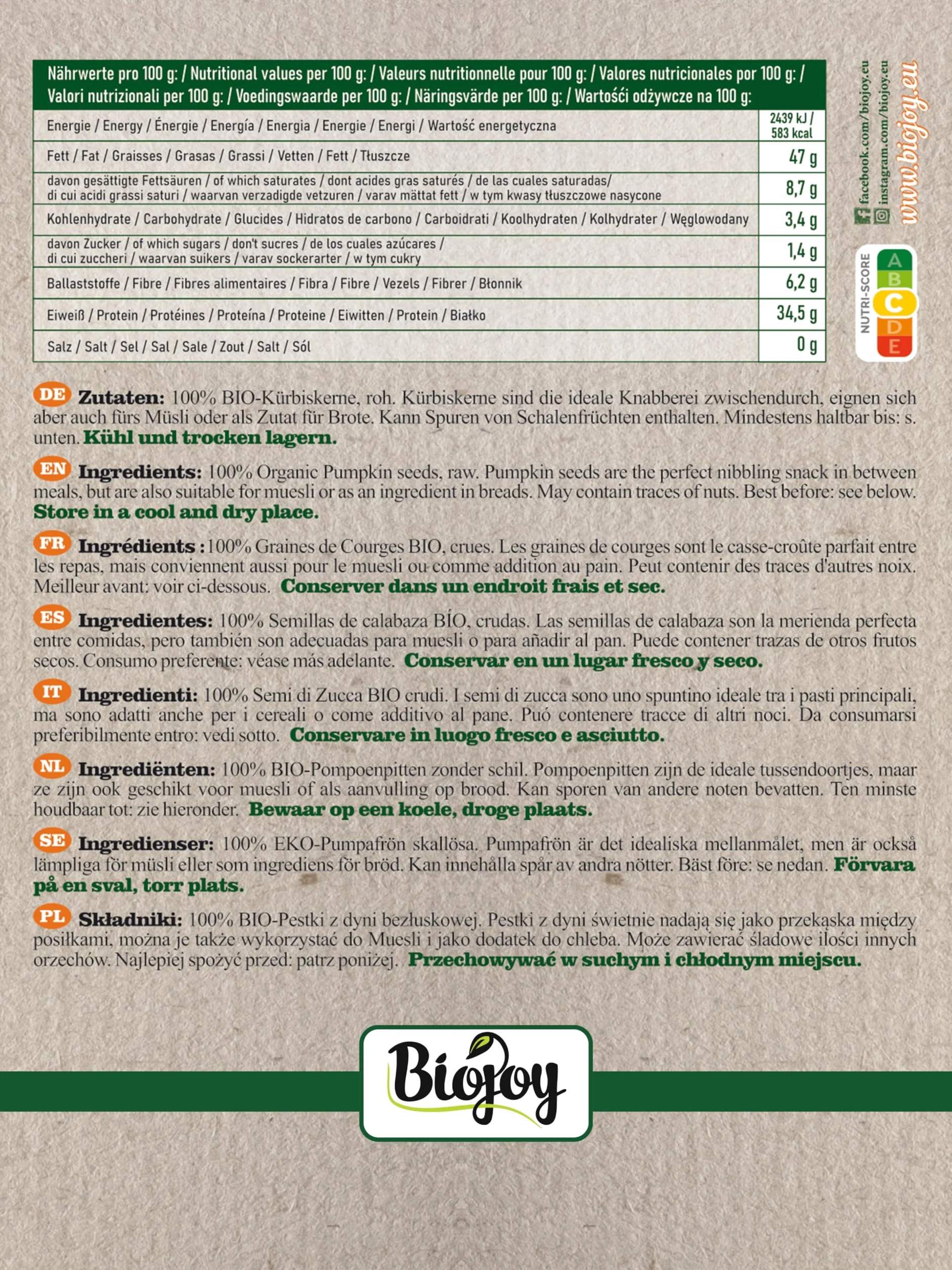 Biojoy BIO-Pestki z dyni bezłuskowej, naturalne, niesolone 2 kg