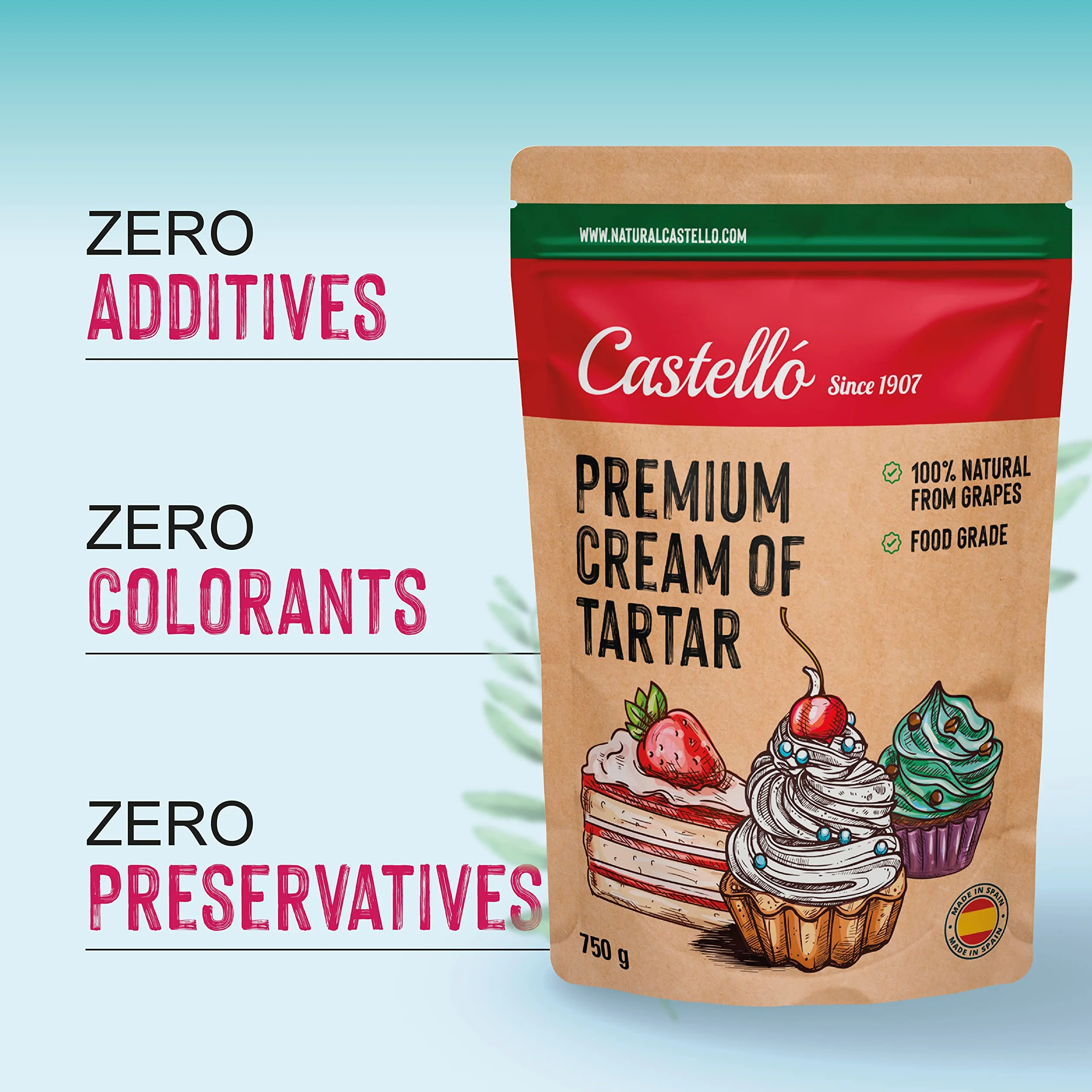 Castello since 1907 Kamień winny (Cream of Tartar) 750 g - 100% naturalny - Naturalna substytutka proszku do pieczenia - Bezglutenowy - Bez fosforanów - Keto i Paleo - Bez GMO