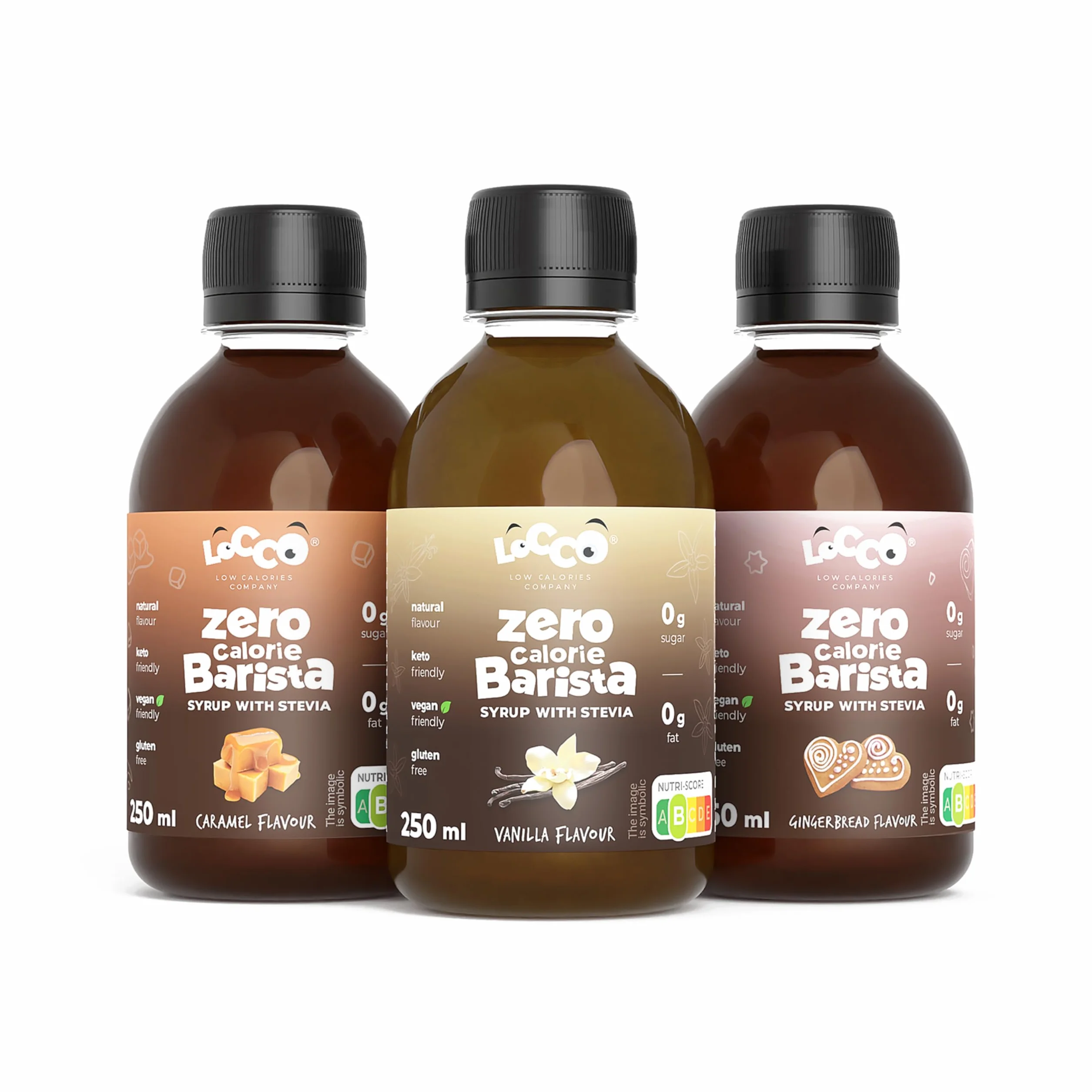 Locco Zestaw Syropów do Kawy Bez Cukru o Smaku Wanilii Karmelu i Piernika – Zero Kalorii Syropy Barista do Napojów i Deserów ze Stewią i Sukralozą 3x250ml