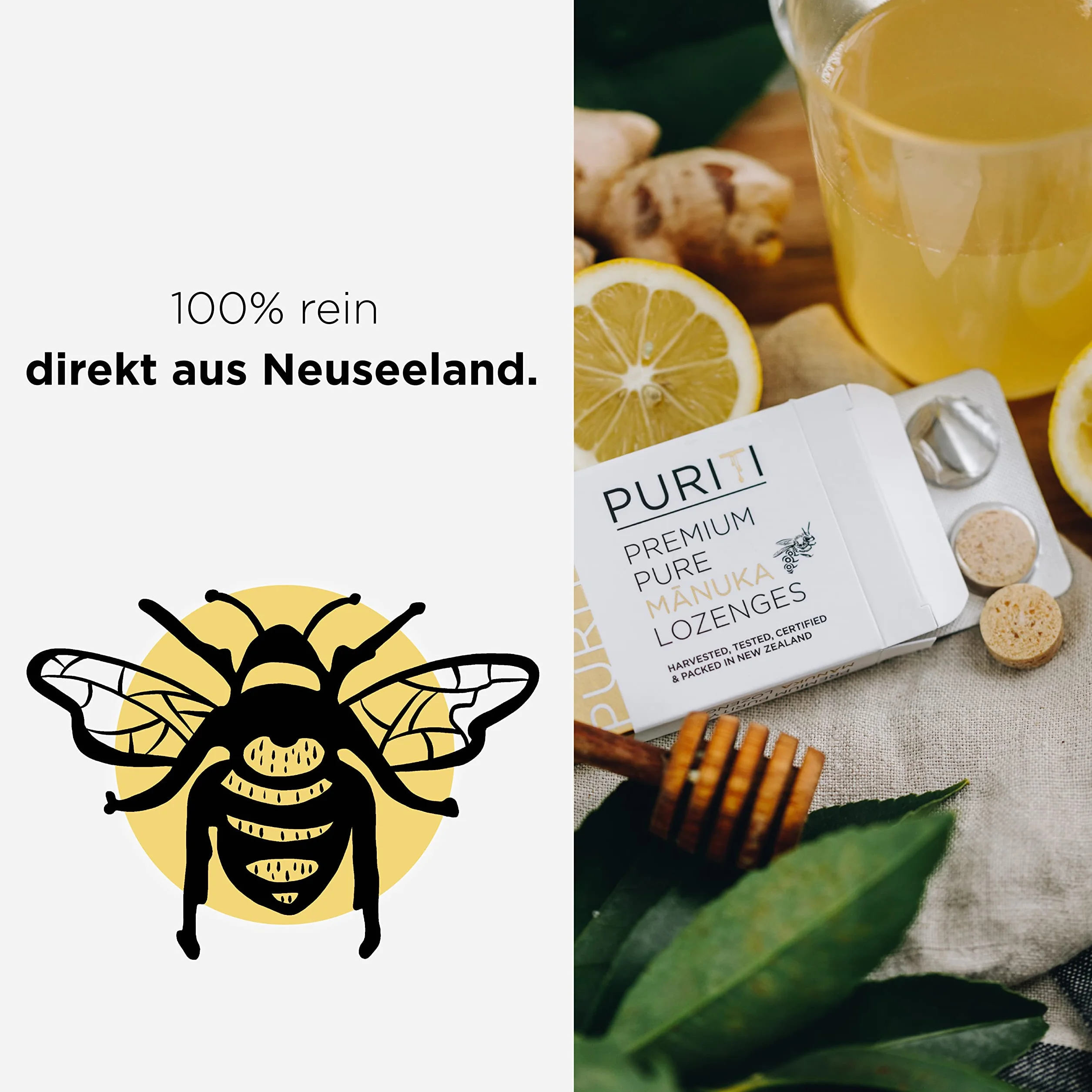 PURITI Manuka cukierki miodowe MGO 400+ z Nowej Zelandii z 92% miodu Manuka, bez dodatku cukru, bez sztucznych dodatków – 8 cukierków do ssania, 20 g