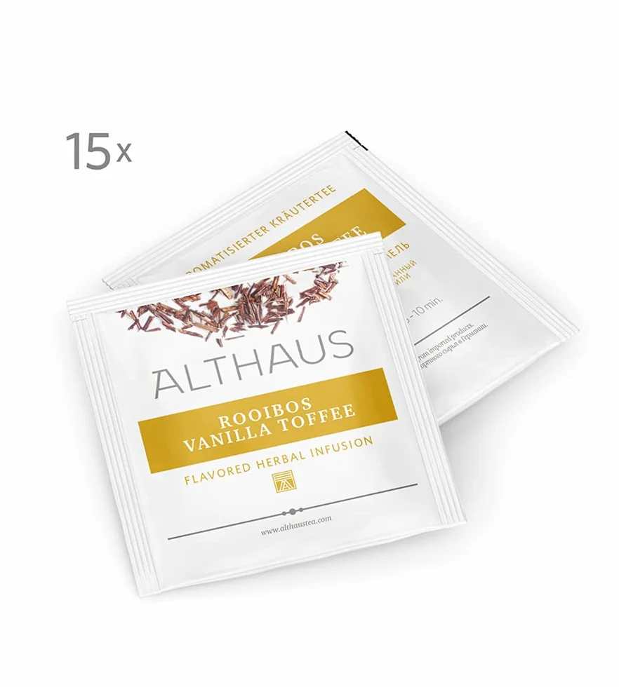 Althaus Herbata ROOIBOS VANILLA (wcześniej TOFFEE ROOIBUSH), herbata rooibos w woreczku piramidowym, zestaw PYRA – aromatyzowana herbata ziołowa o smaku waniliowo-karmelowym, 15 x 2,75 g