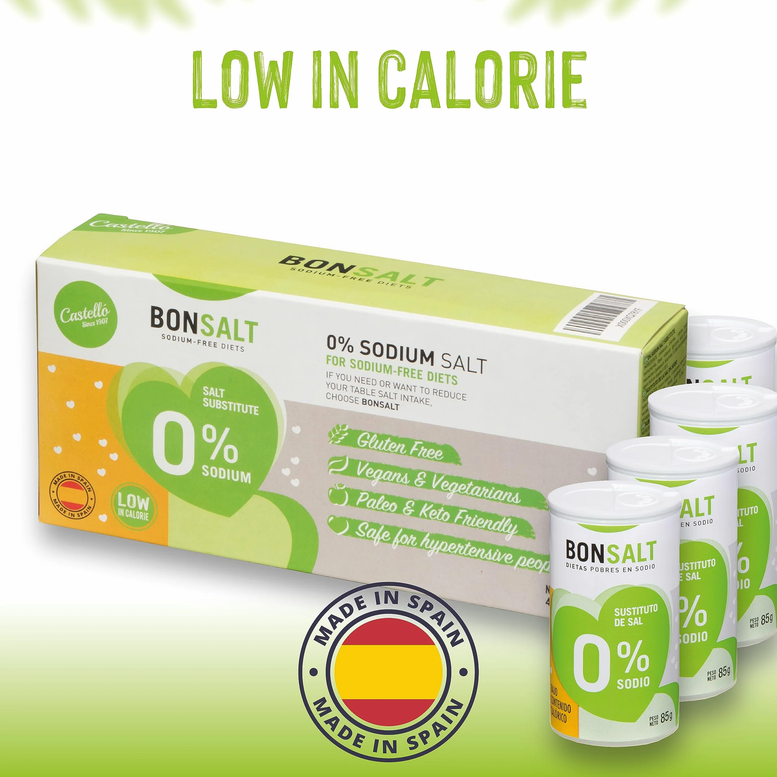 Sól bez sodu - Bonsalt Alternatywa dla soli o 0 sodu - Sól Substytut soli zwykłej - Idealny w dietach o niskiej zawartości sodu - Niska zawartość kalorii - Keto - Castello since 1907-4 x 85g = 340g