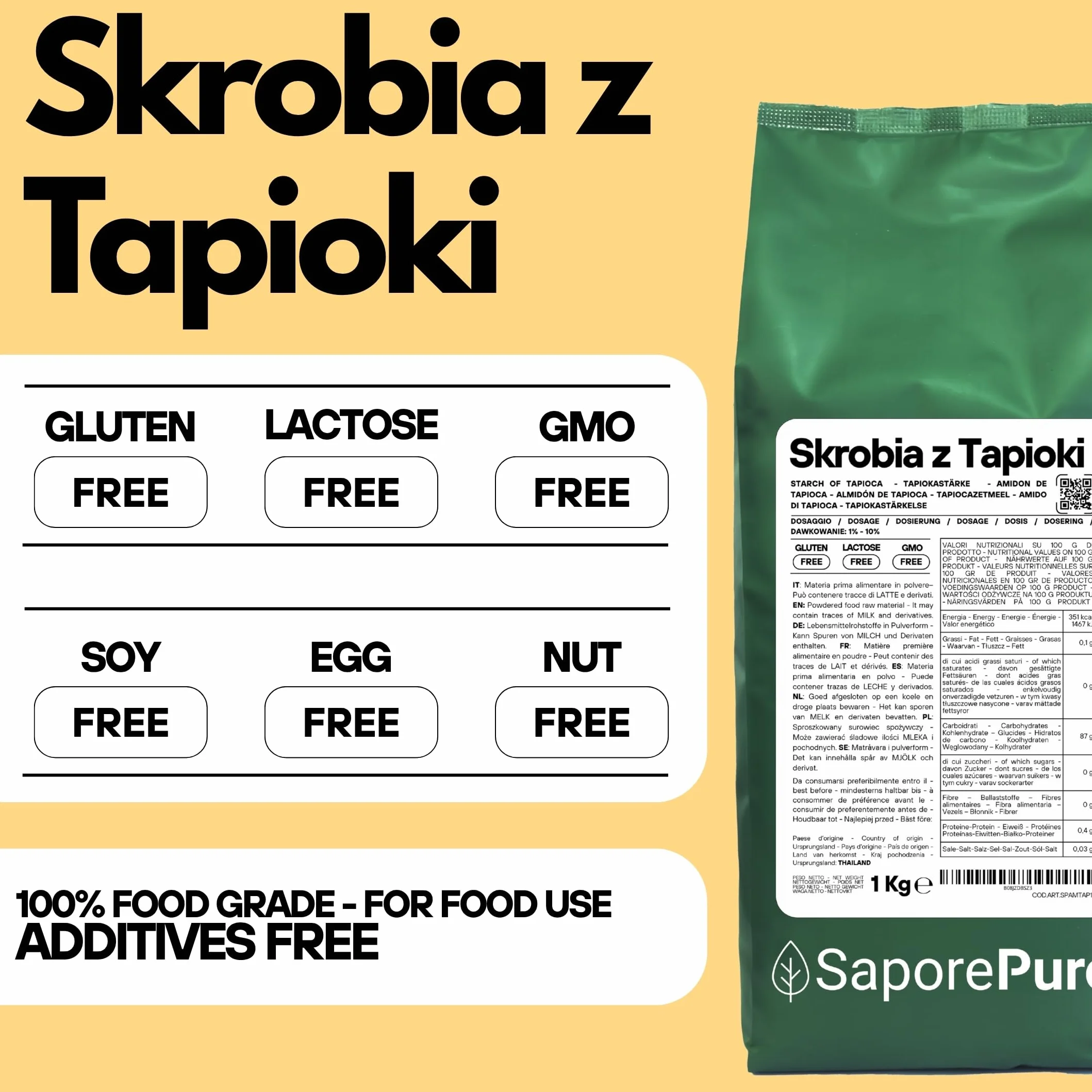 Saporepuro Skrobia z tapioki 1 kg – Bez Glutenu – Naturalny Zagęstnik do Kremów, Sosów, Deserów i Potraw