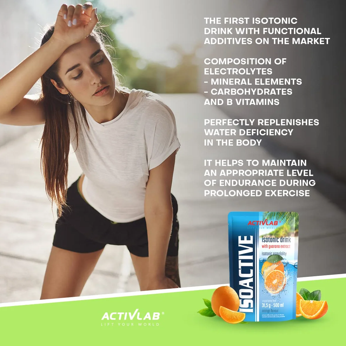 Activlab Isoactive Isotonic Drink z Guana, elektrolit, witaminy B, 20 x 31,5 g, pomarańczowy, z guaraną, 500 ml napoju sportowego, praktyczny woreczek, 3 x sprawdzony laboratoryjnie