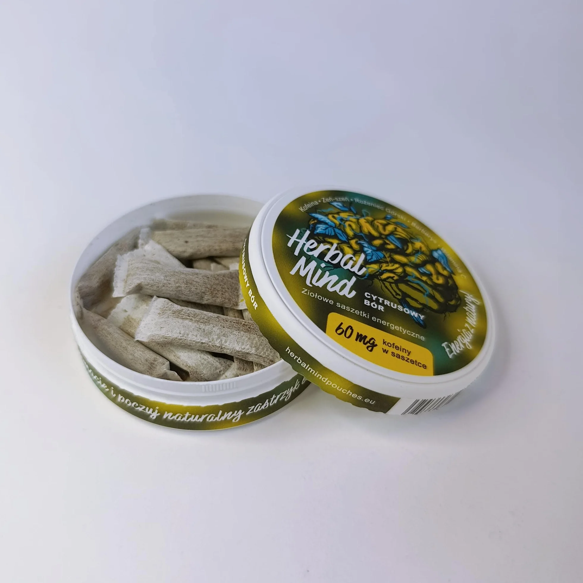 HerbalMind ziołowe saszetki energetyczne 60 mg kofeiny "Cytrusowy Bór" 20szt. Snusy kofeinowe z adaptogenami bez nikotyny. Woreczki energetyczne Herbal Pouches Żeń-szeń Rózeniec górski snus