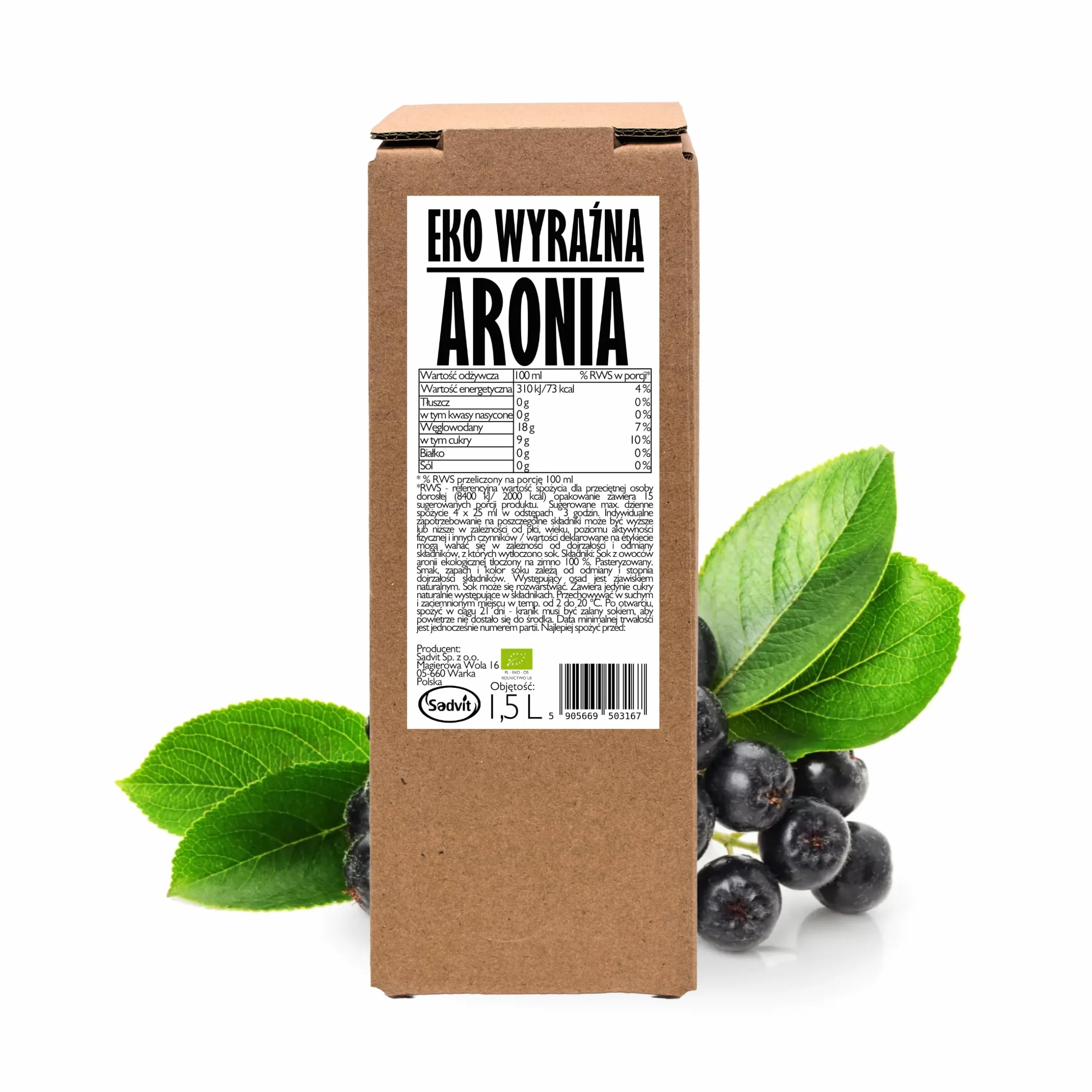 Sadvit | Ekologiczny Sok z Aronii BIO nie z koncentratu | 1,5L Bag in Box Sok owocowy NFC | Tłoczony Cierpki Intensywny | Naturalne Witaminy | Bez Cukru Konserwantów i Dodatku Wody | Polskie Owoce