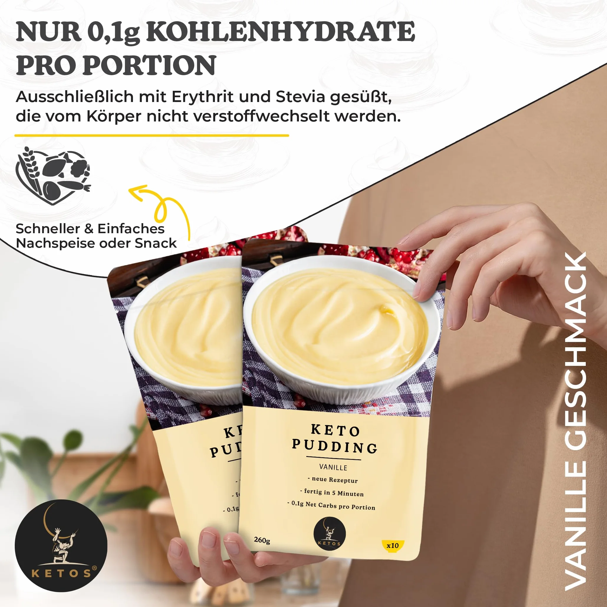 Keto Pudding duże opakowanie wanilii | do odżywiania niskowęglowodanowego i keto | 0,2 g węglowodanów netto | bogaty w błonnik