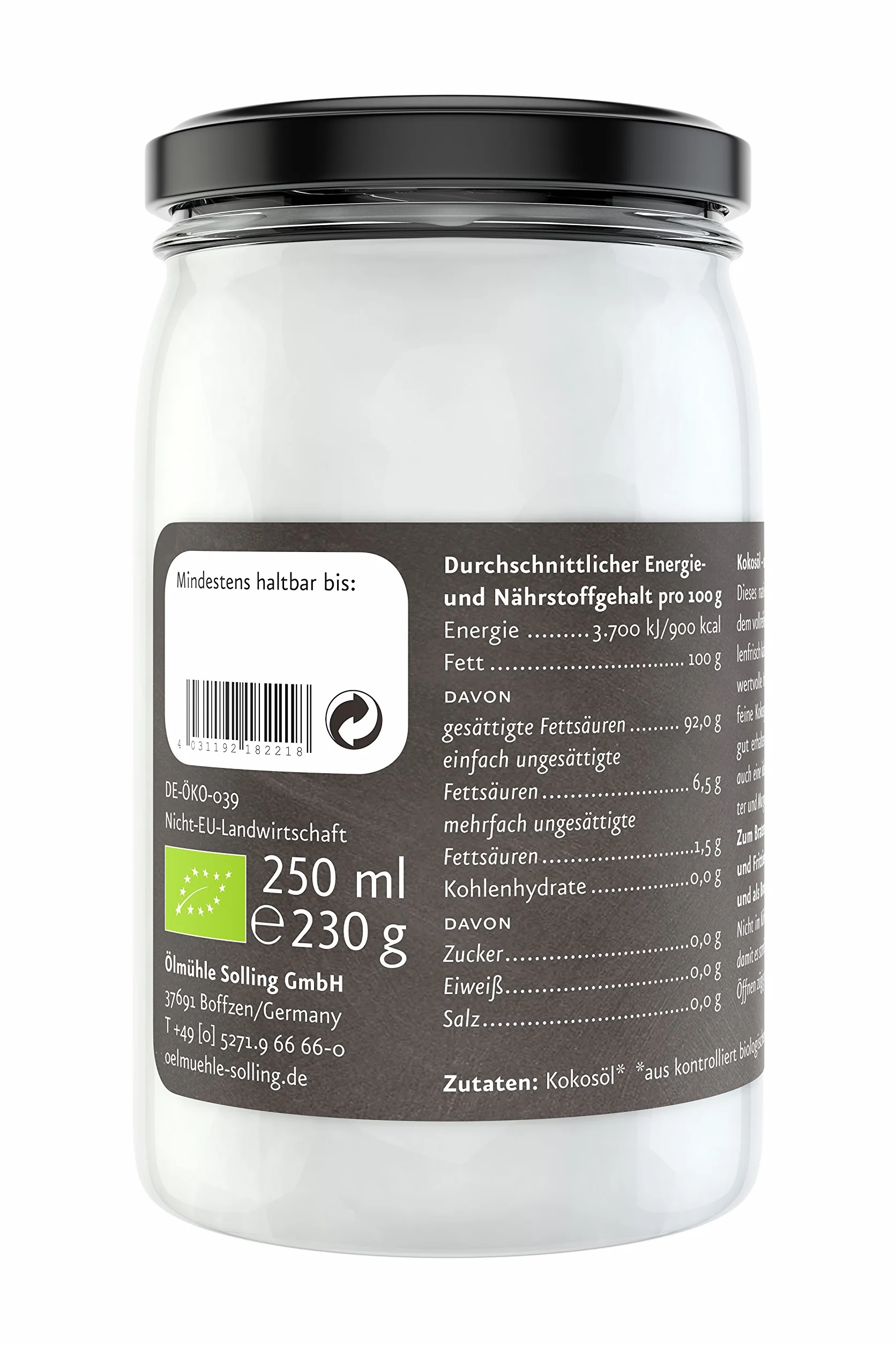 Ölmühle Solling Bio olej kokosowy w szkle 250 ml