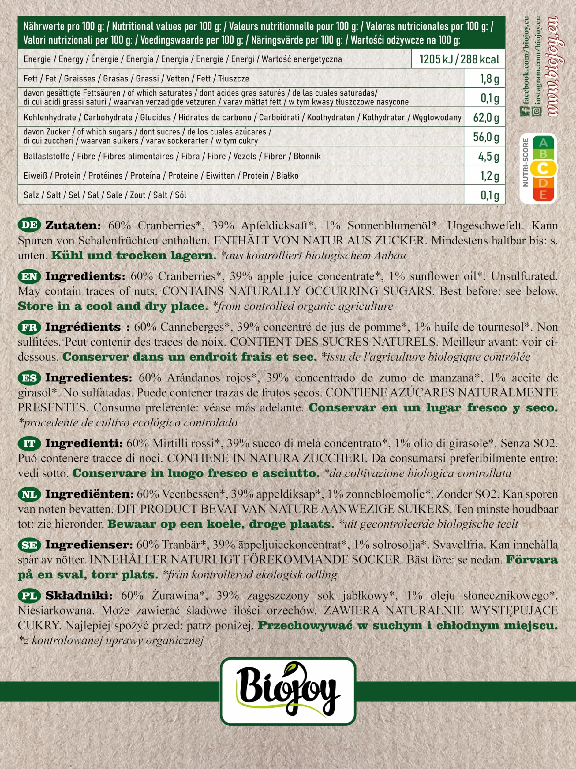 Biojoy Organiczna Żurawina suszona 1 kg słodzona sokiem jabłkowym