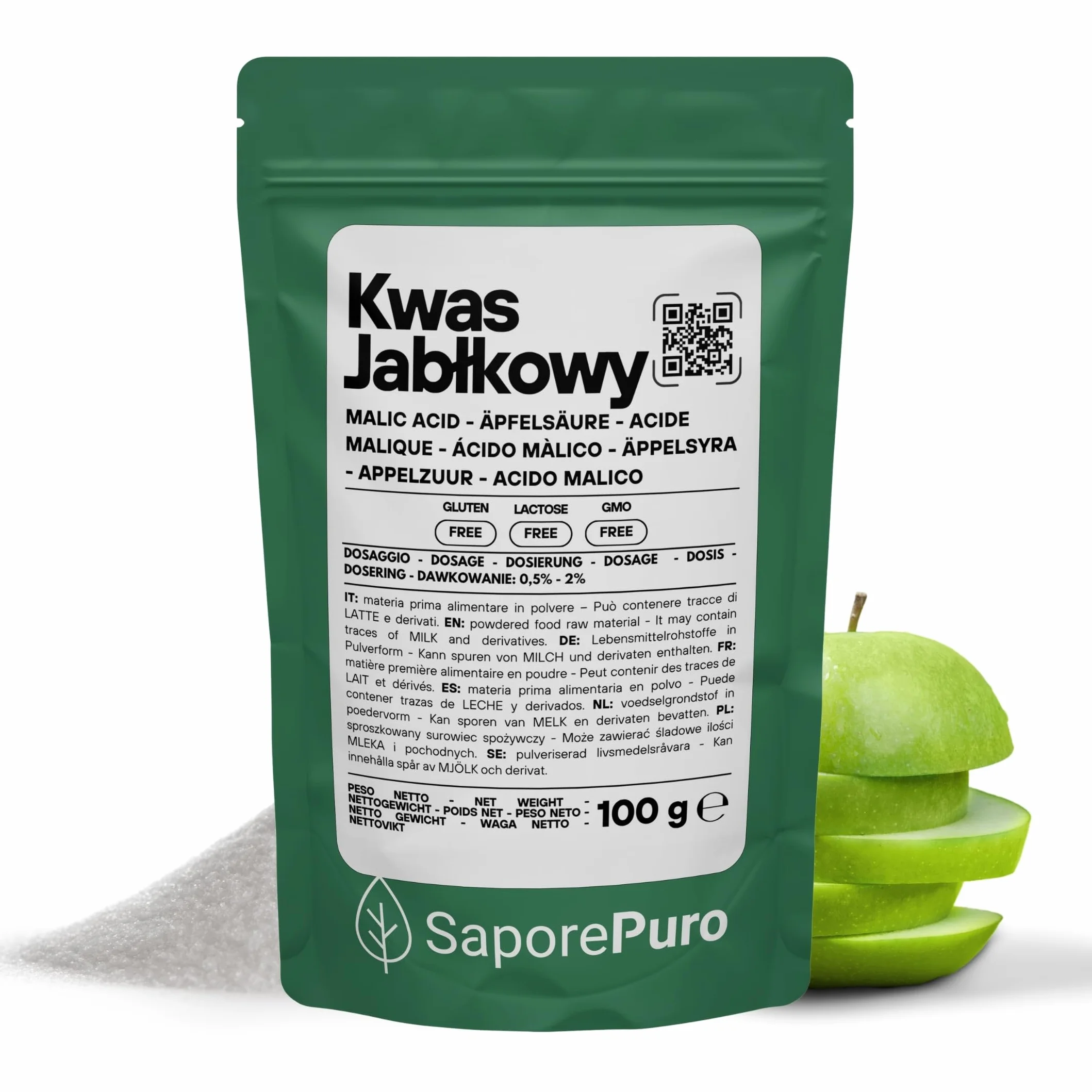 SaporePuro Kwas Jabłkowy w Proszku 100 g | Wysoka Rozpuszczalność i Kwaśny Smak | Idealny do Napojów, Deserów i Suplementów | Jakość Spożywcza | Bez Glutenu
