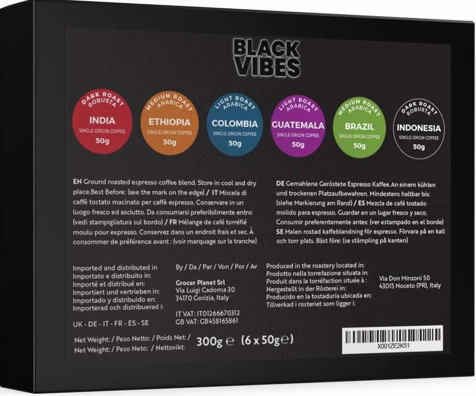 Black Vibes - WORLD'S COFFEES | Zestaw Prezentowy - Kawa Mielona 300g (6x50g) | 6 Najwyższej Jakości Kaw Jednorodnych | Pomysł na Prezent dla niego lub dla niej