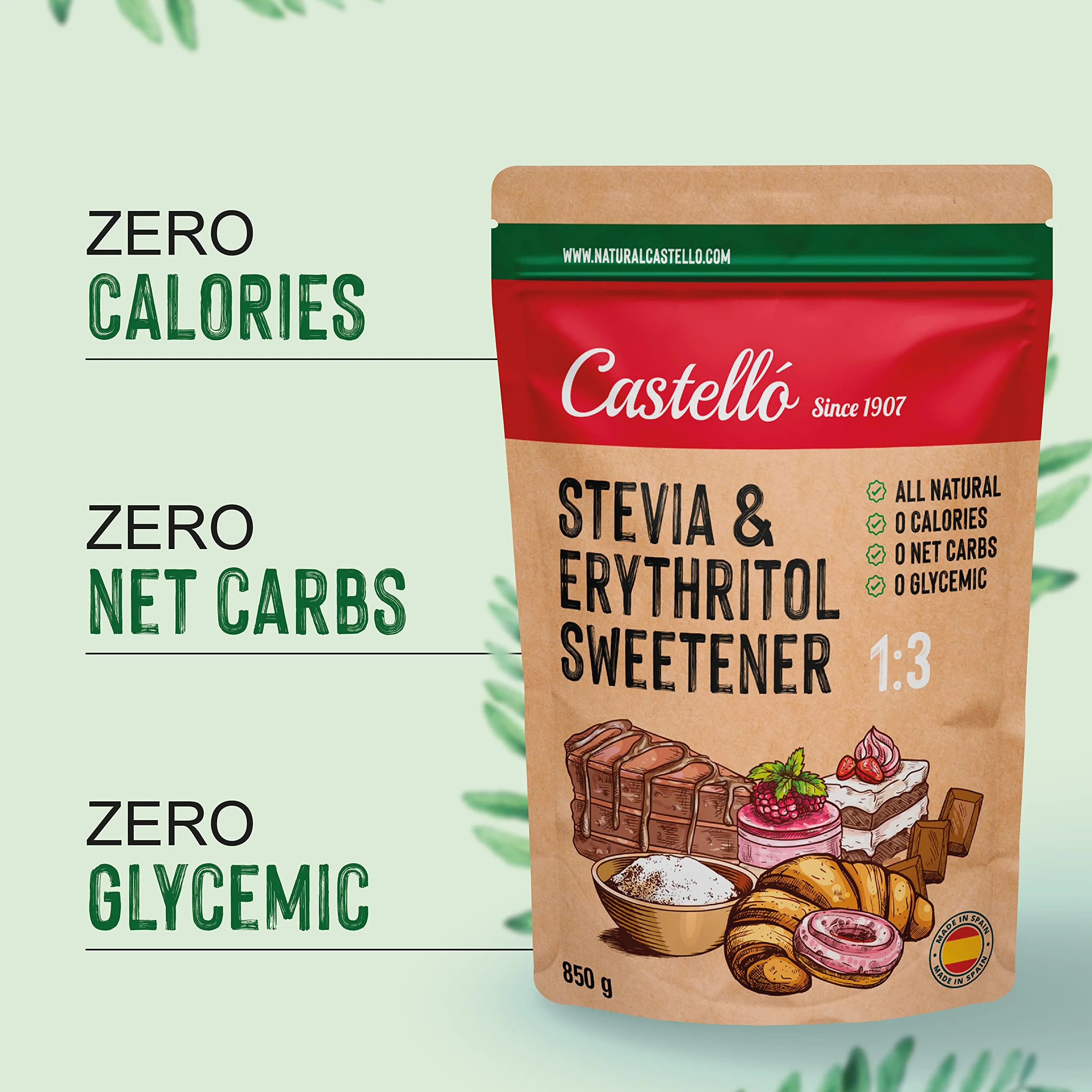 Słodzik Stevia + Erytrytol 1:3 | 1g = 3g cukru | Słodzik o 100% naturalnym smaku - 0 Kalorii - 0 Indeks Glikemiczny - Keto i Paleo - 0 Węglowodanów Netto - Bez GMO - Castello since 1907-850 g