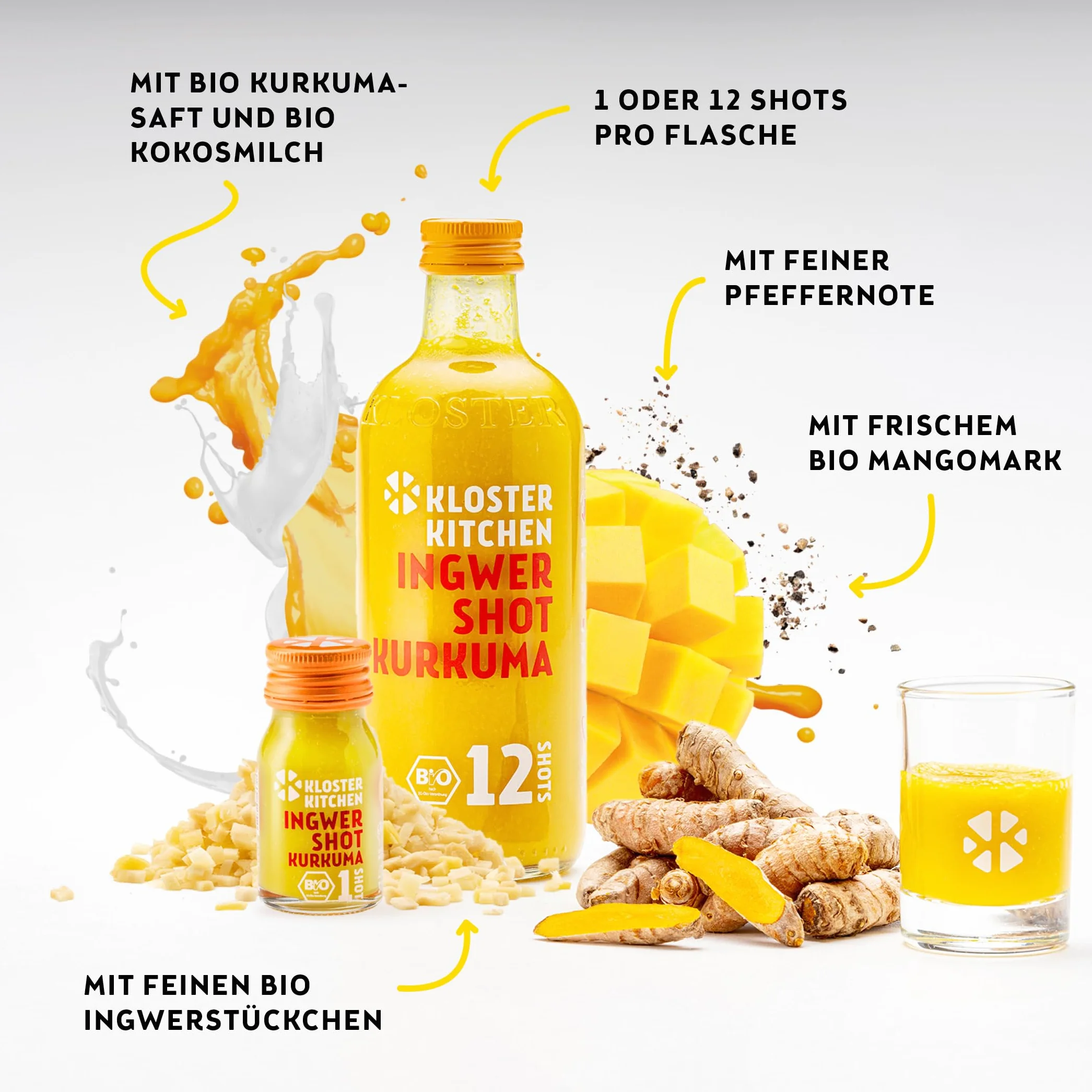 Kloster Kitchen Bio imbir Shot Kurkuma 1SHOT 14 x 30 ml z prawdziwymi kawałkami imbiru