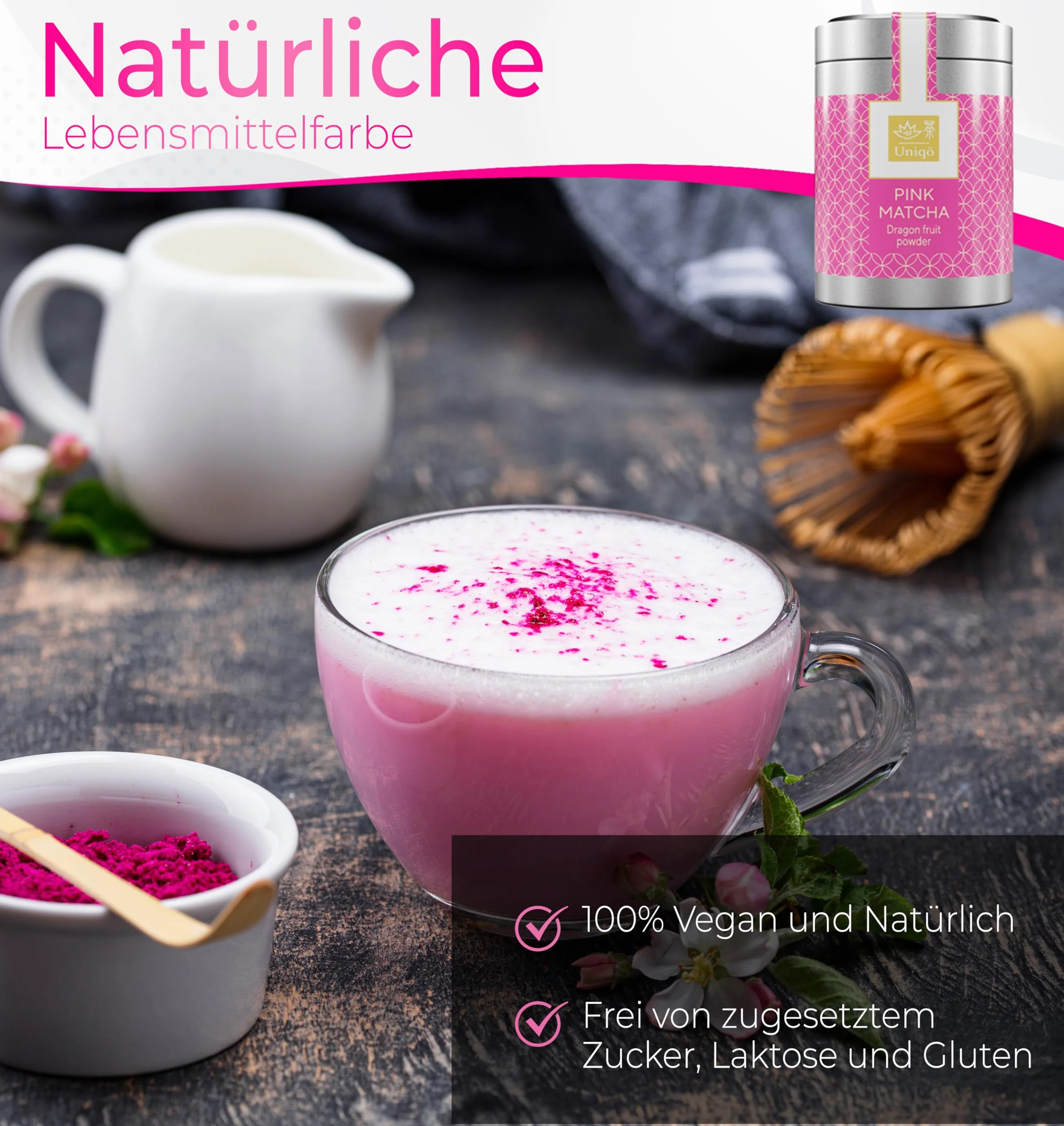 Tea Uniqo różowa herbata matcha w proszku – idealna do picia, lodów, latte, koktajli, do pieczenia lub gotowania, smoczy owoc w proszku, 100% naturalny, w puszce, superfood, proszek ze smoczego owocu