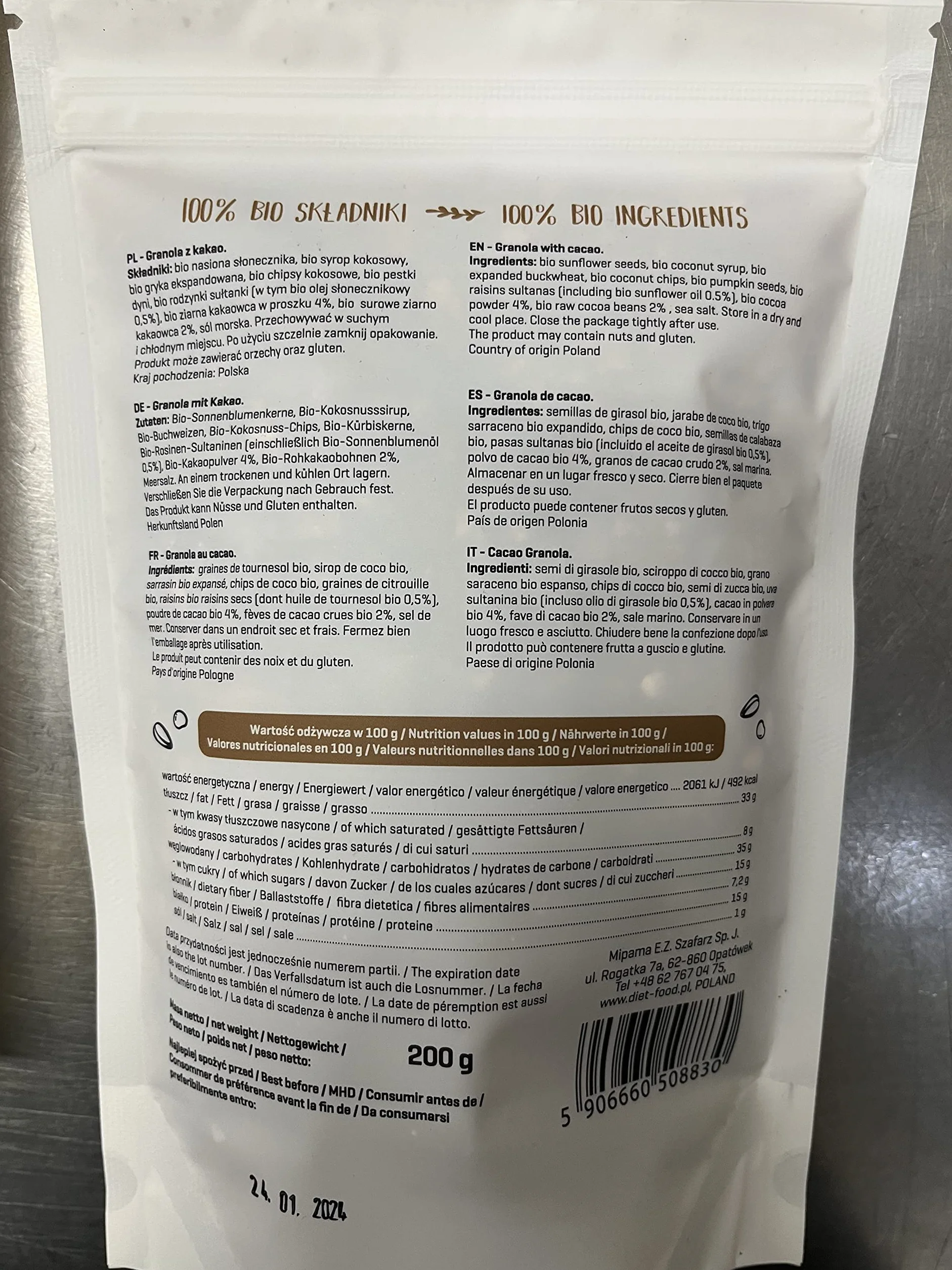 DIET-FOOD Keto Vegan Granola Bio Chrusper Granola z kakao i nasionami, bezglutenowa granola, śniadanie, musli, niskowęglowodanowa, przekąska bez dodatku cukru, 200 g, 1 opakowanie