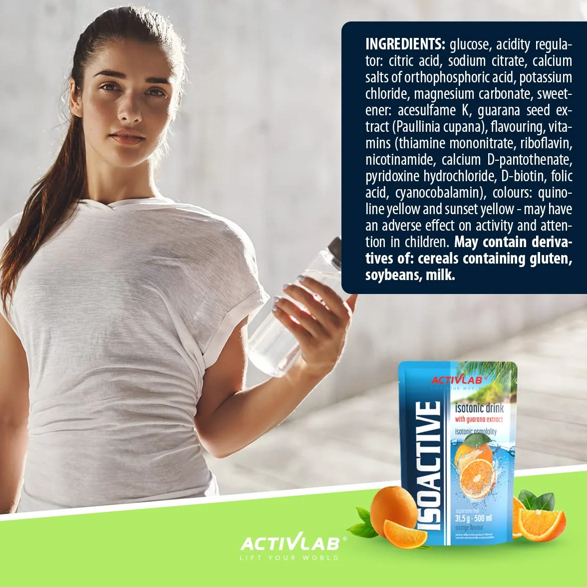 Activlab Isoactive Isotonic Drink z Guana, elektrolit, witaminy B, 20 x 31,5 g, pomarańczowy, z guaraną, 500 ml napoju sportowego, praktyczny woreczek, 3 x sprawdzony laboratoryjnie