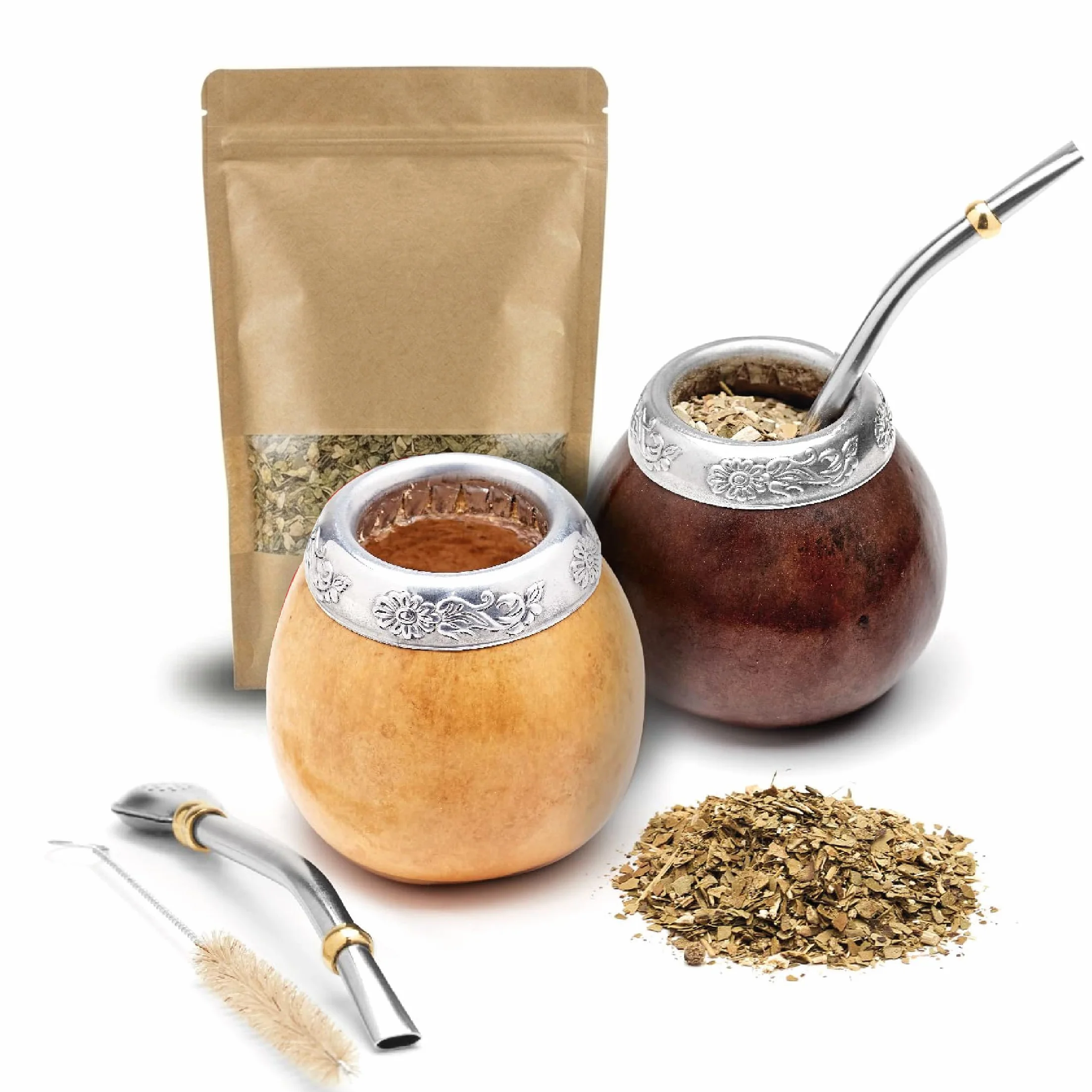 BALIBETOV Yerba Mate zestaw 2 tykwy 2 bombille 1 szczotka do czyszczenia 100 g luźny liść ciemnobrązowy