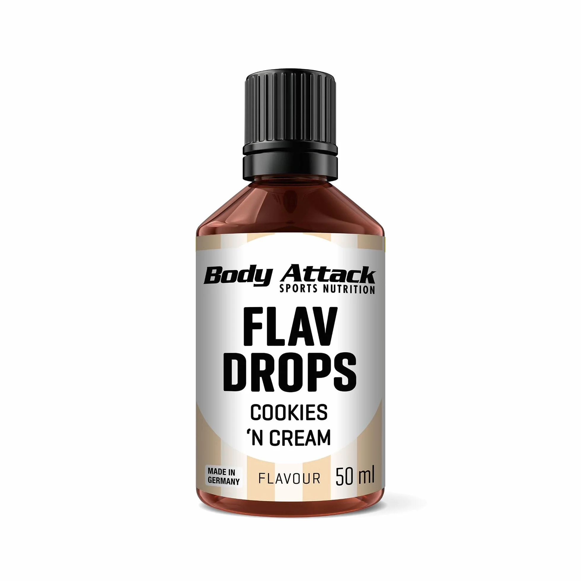Body Attack Flav Drops®, 50 ml, Cookies'n Cream, krople aromatyczne do żywności, bez cukru, bez kalorii, wegańskie i wysokiej jakości, Made in Germany