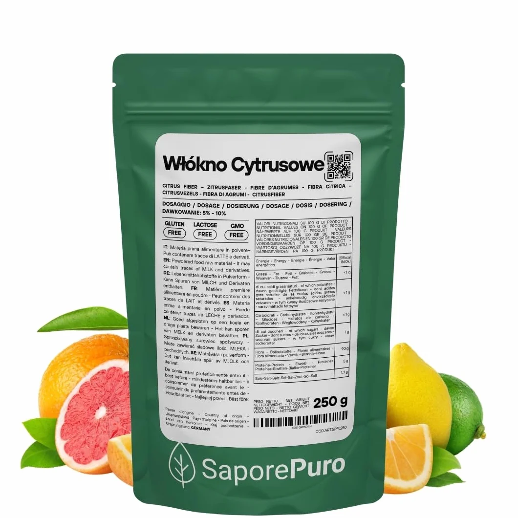 SaporePuro Błonnik cytrusowy 250 g - Zagęszczacz, emulgator i naturalny stabilizator - Idealny do lodów, sosów, serów, polew, wypieków - Bezglutenowy