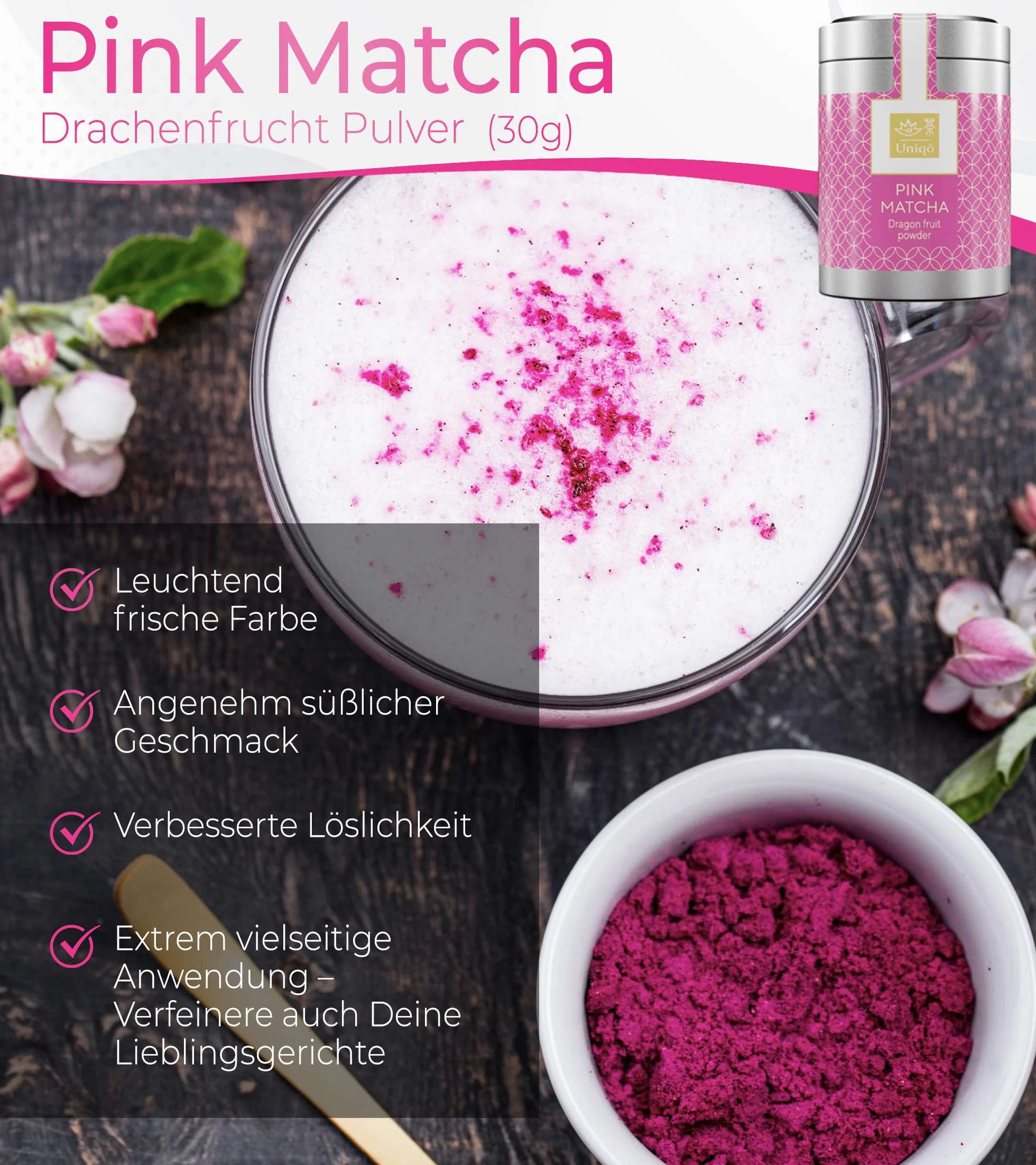 Tea Uniqo różowa herbata matcha w proszku – idealna do picia, lodów, latte, koktajli, do pieczenia lub gotowania, smoczy owoc w proszku, 100% naturalny, w puszce, superfood, proszek ze smoczego owocu