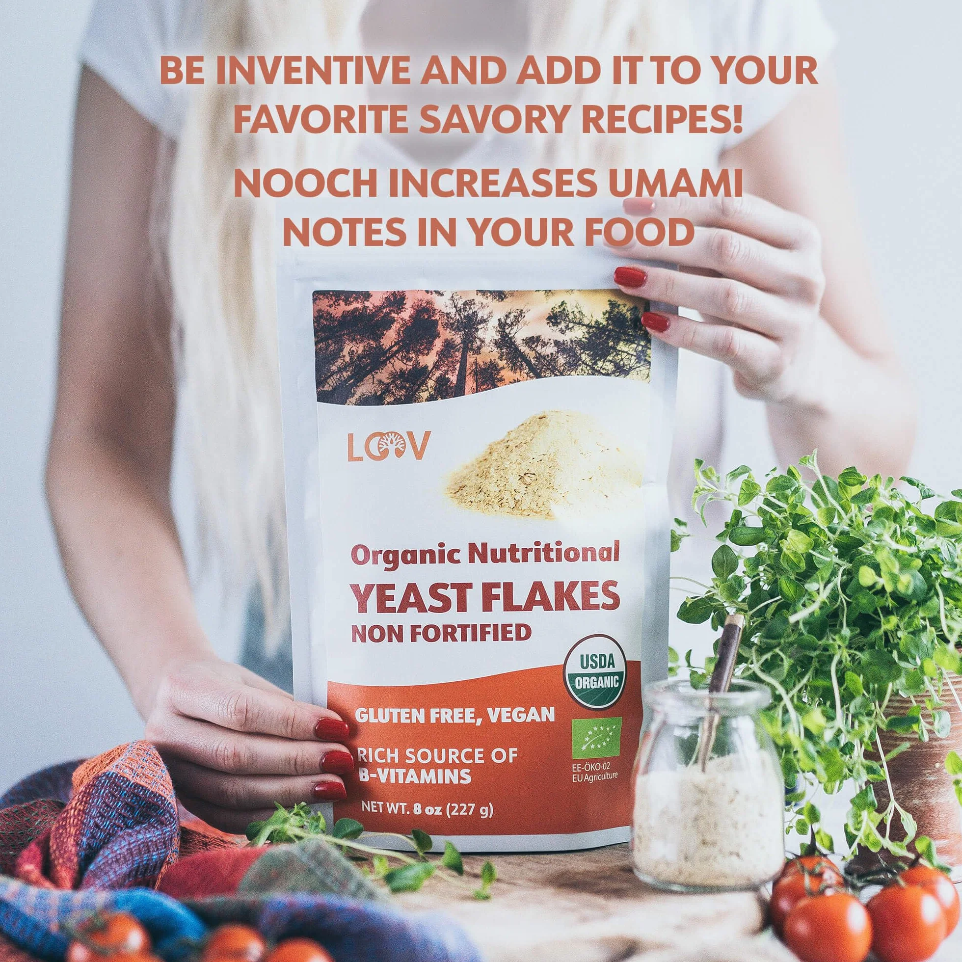 LOOV Organiczne niewzbogacone odżywcze płatki drożdżowe, prażone niewzbogacone, wegańskie, bez GMO, bezglutenowe, dobre źródło witamin z grupy B, bez dodatku witamin, zamykana torba, 227 gramów