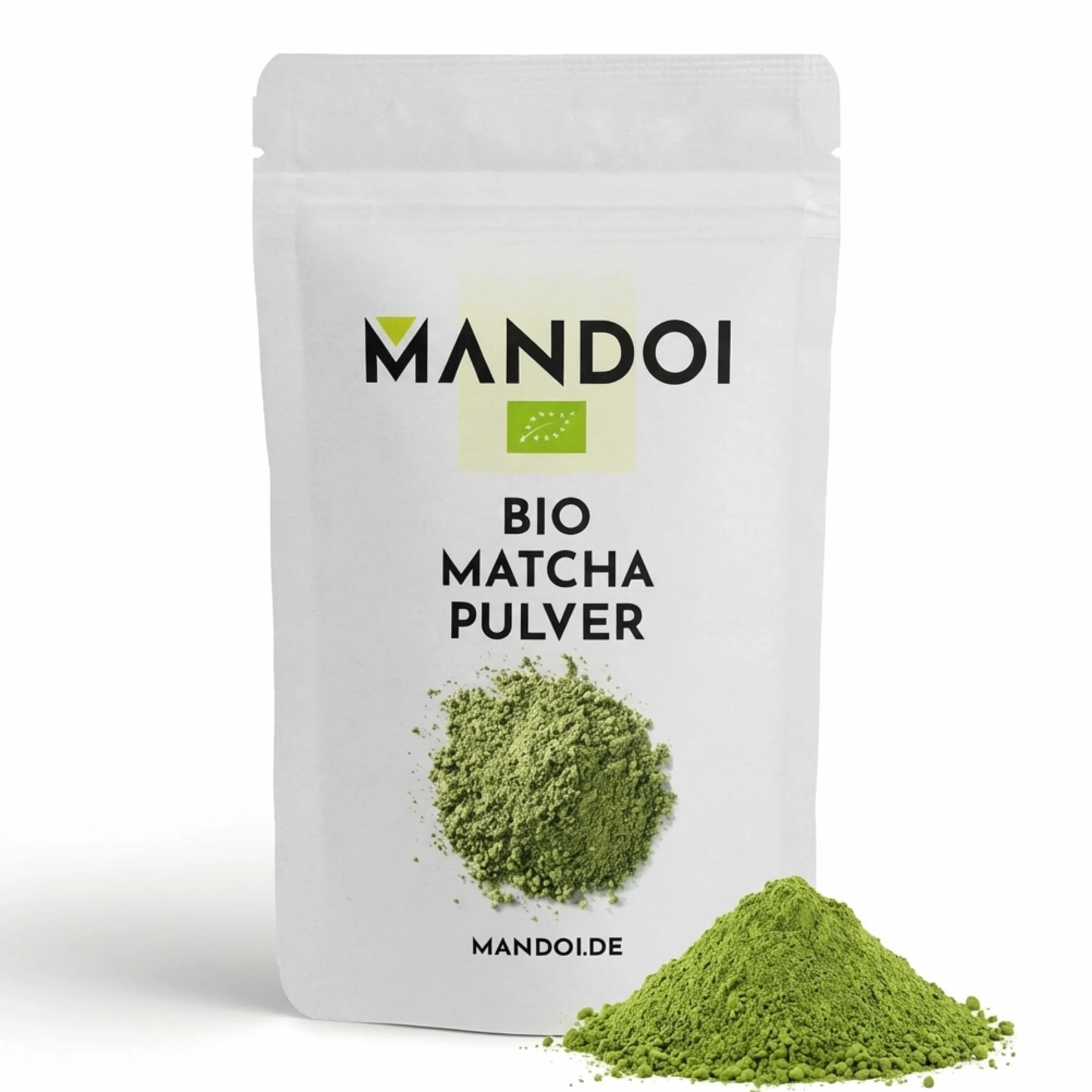 Mandoi Bio Matcha herbata w proszku, 100 g, Bio matcha w proszku, idealny do koktajli, shake'ów lub pieczenia, Green Tea Powder.