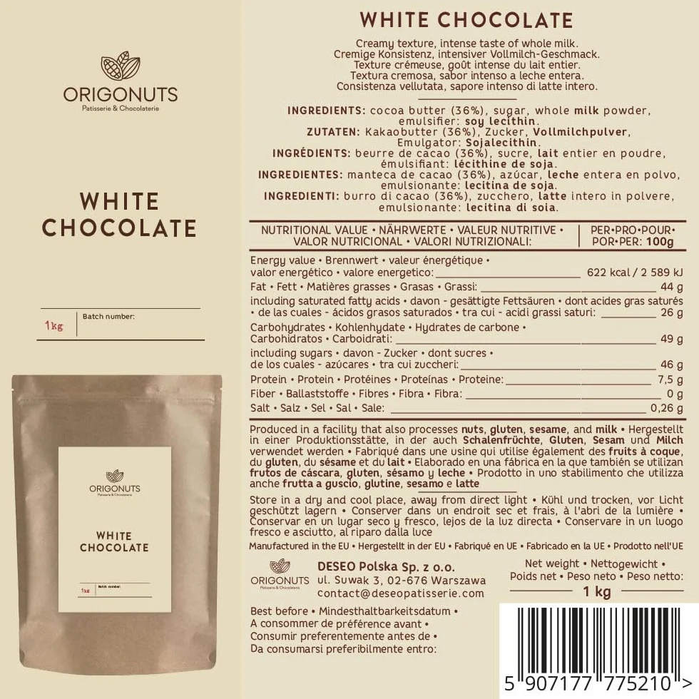 ORIGONUTS Dropsy Czekoladowe Biała Czekolada do Topienia 1kg do Fontanny Czekoladowej Fondue
