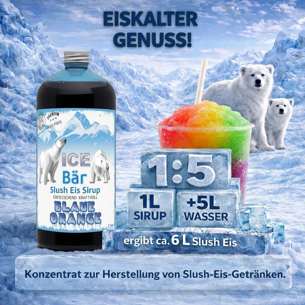 ICE Bear syrop wolny od azu, butelka 1 l, koncentrat do przyrządzania napojów slushy, maszyn do lodów, maszyn do lodów od 1:5 do 1:20 (niebieski pomarańczowy)