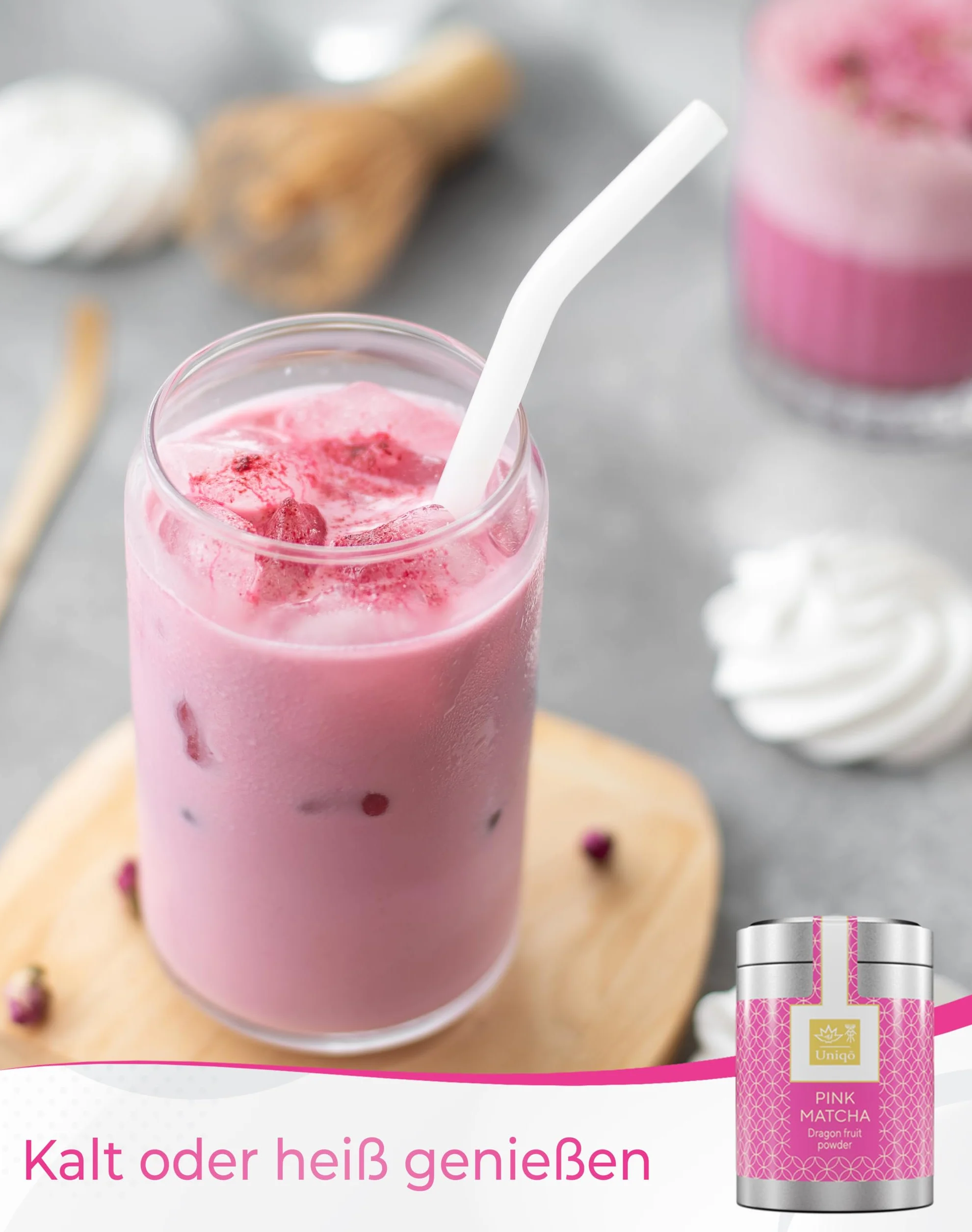 Tea Uniqo różowa herbata matcha w proszku – idealna do picia, lodów, latte, koktajli, do pieczenia lub gotowania, smoczy owoc w proszku, 100% naturalny, w puszce, superfood, proszek ze smoczego owocu