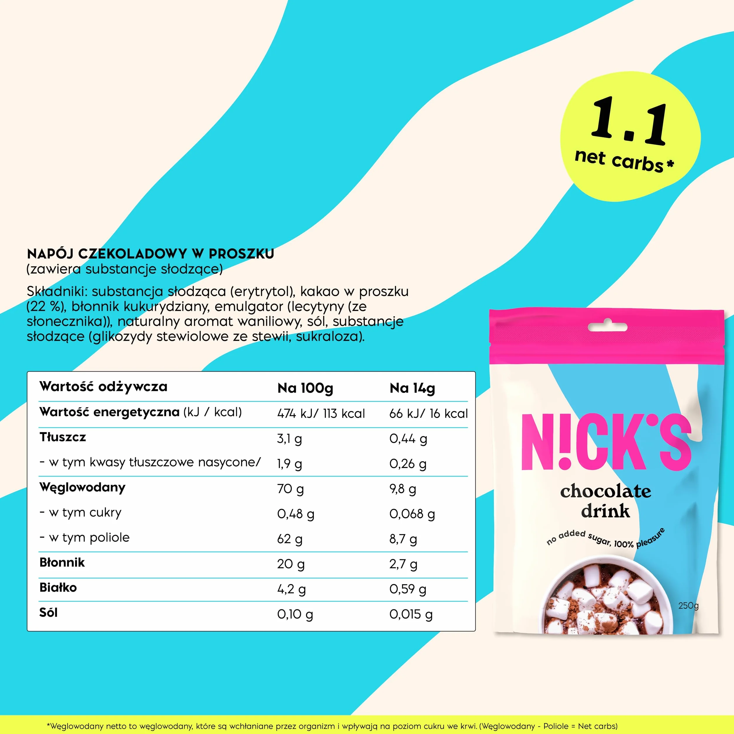 NICKS Chocolate drink, Gorąca czekolada bez dodatku cukru, wysokiej jakości kakaowa czekolada do picia keto, wegańska, bezglutenowa (250 g x 1 sztuki)