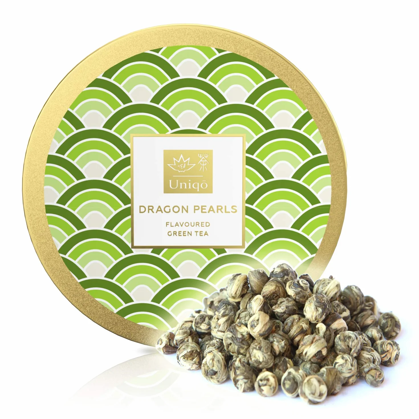 Tea Uniqo herbata jaśminowa Dragon Pearls – prezent na herbatę | Jaśminowa perła smoka naturalnie aromatyzowana zielona herbata luzem w eleganckiej puszce prezentowej | bezglutenowa – wegańska – bez