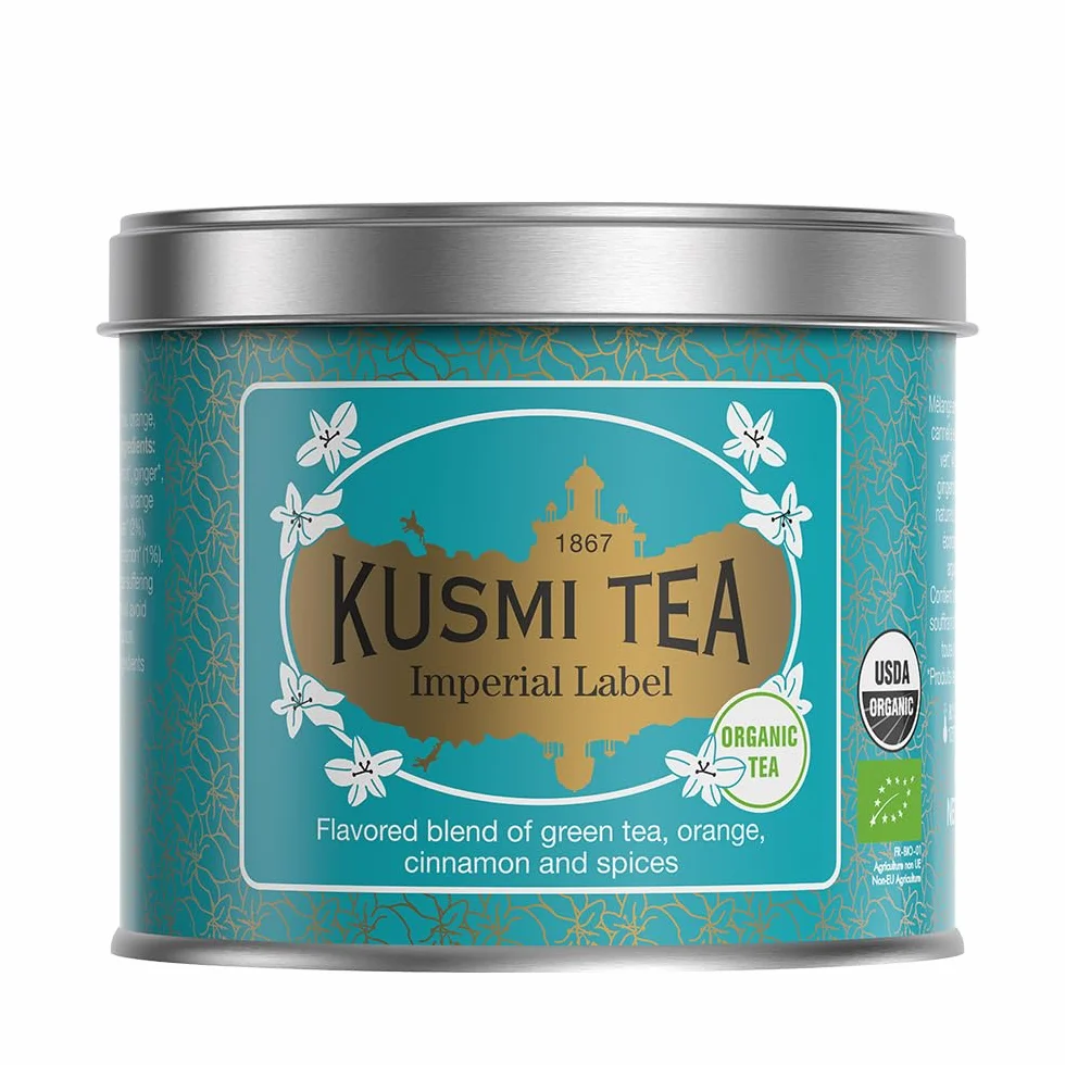 Kusmi Tea Label Impérial Bio Organic Green Tea Orange Cinnamon Spices Metal Can 100g