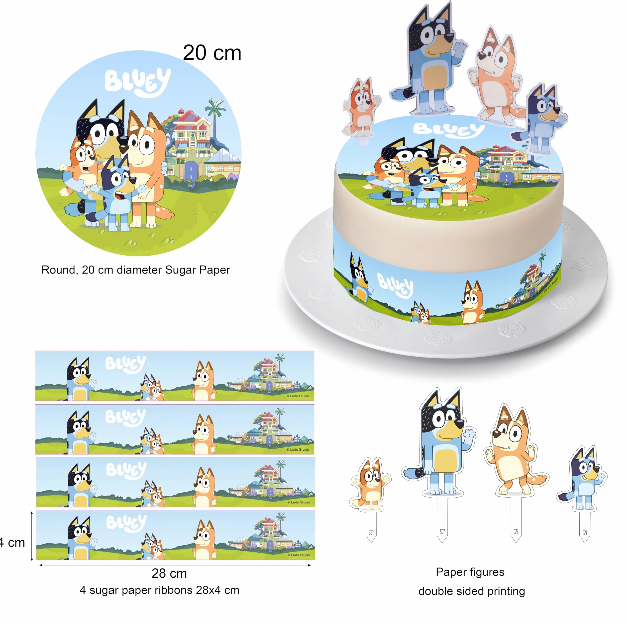 Bluey papierowy top na tort i figurki, jadalny talerz na tort, dekoracja tortu urodzinowego Bluey, 20 cm + 4 wstążki 28 x 4 cm + 4 figurki