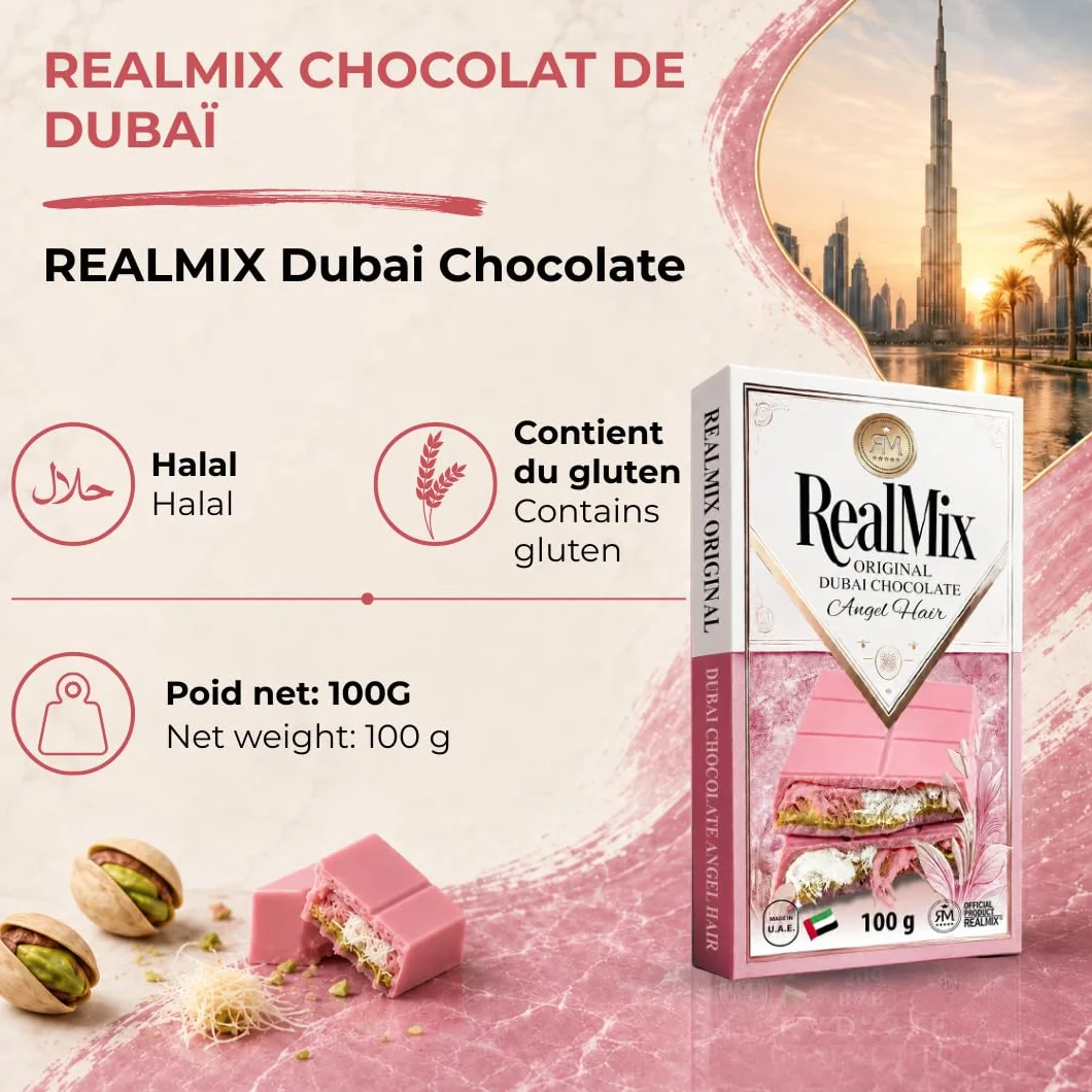 REALMIX Różowa Czekolada prosto z Dubaju ZEA | Autentyczna czekolada z Dubaju o smaku malinowym, z nadzieniem z waty cukrowej, pistacji i kadaif | Wyprodukowana w Dubaju ZEA | 100 g