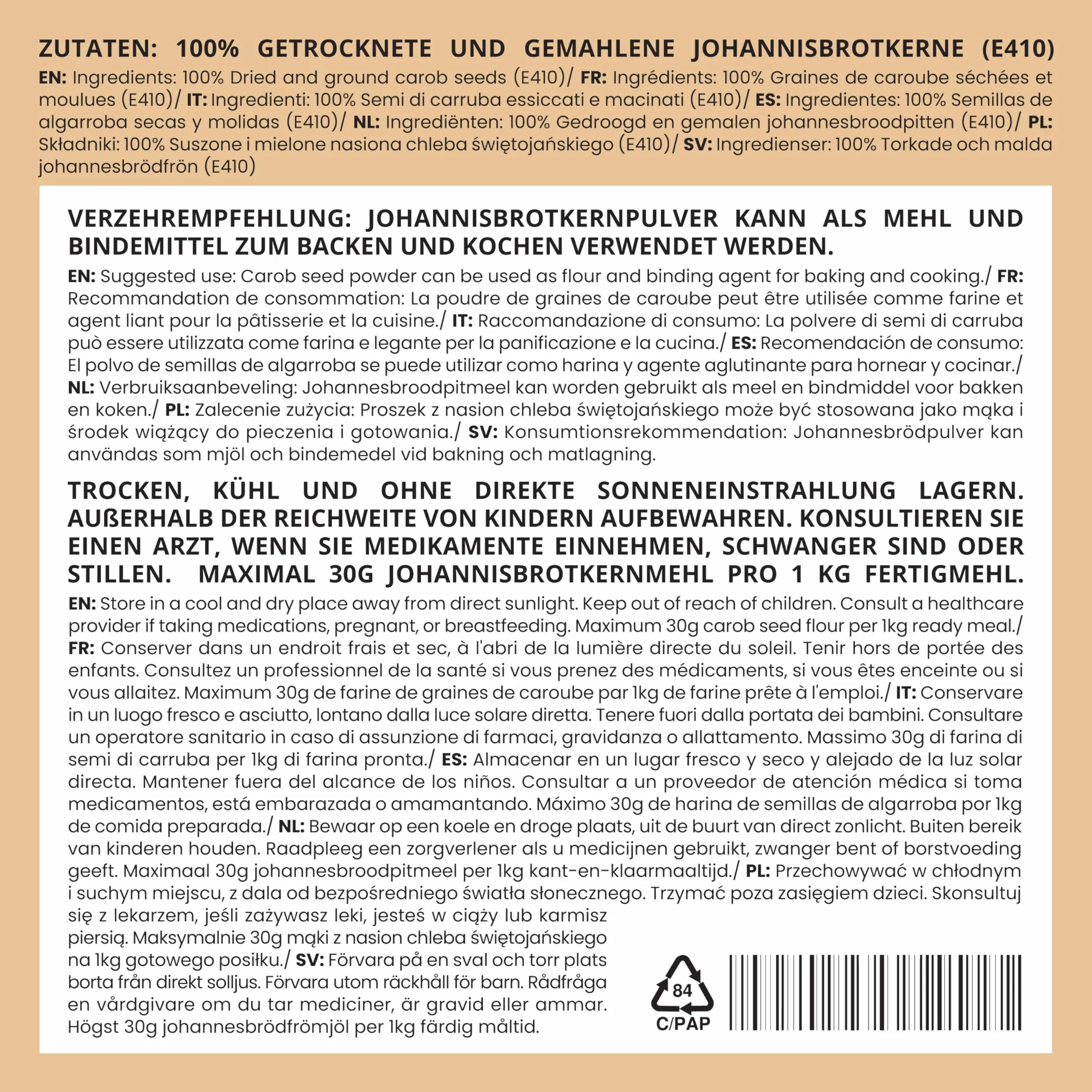 Mąka chleba świętojańskiego E410 125 g, proszek karobowy nadaje się jako skrobia, mączka chleba świętojańskiego do lodów, rdzeń chleba świętojańskiego w proszku E410, mąka z rdzeniem chleba