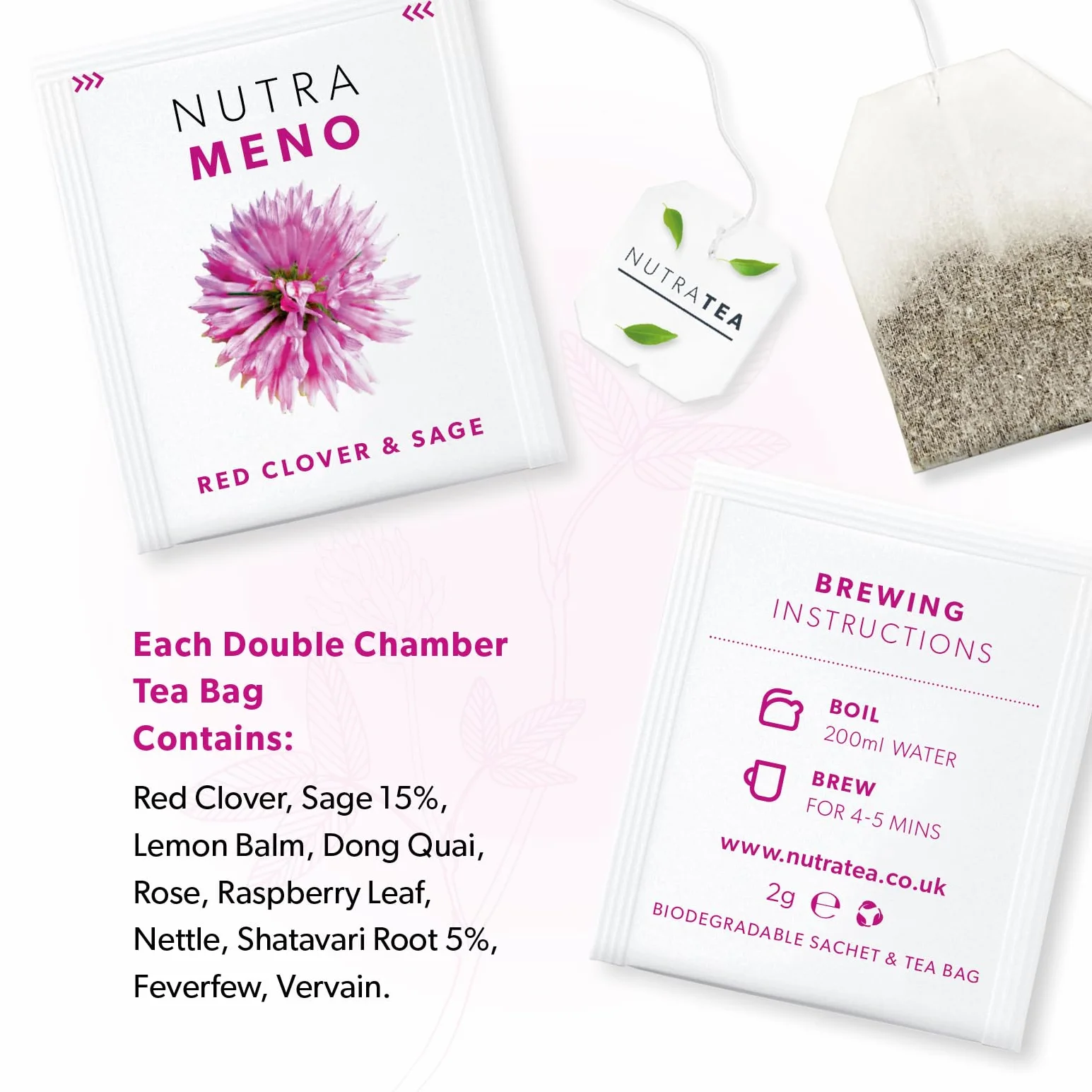 Nutra Tea NUTRAMENO Herbata menopauzowa, herbata z czerwonej koniczyny, ulga w okresie okołomenopauzalnym dla kobiet. Zawiera czerwoną koniczynę, szałwię i korzeń shatavari, 20 pojedynczo zapakowanych