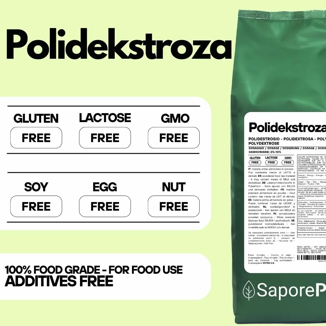 SaporePuro Polidekstroza w proszku 1 kg – Rozpuszczalny błonnik pokarmowy – Niskokaloryczny, zagęstnik i stabilizator, idealny do lodów, deserów, wypieków i napojów