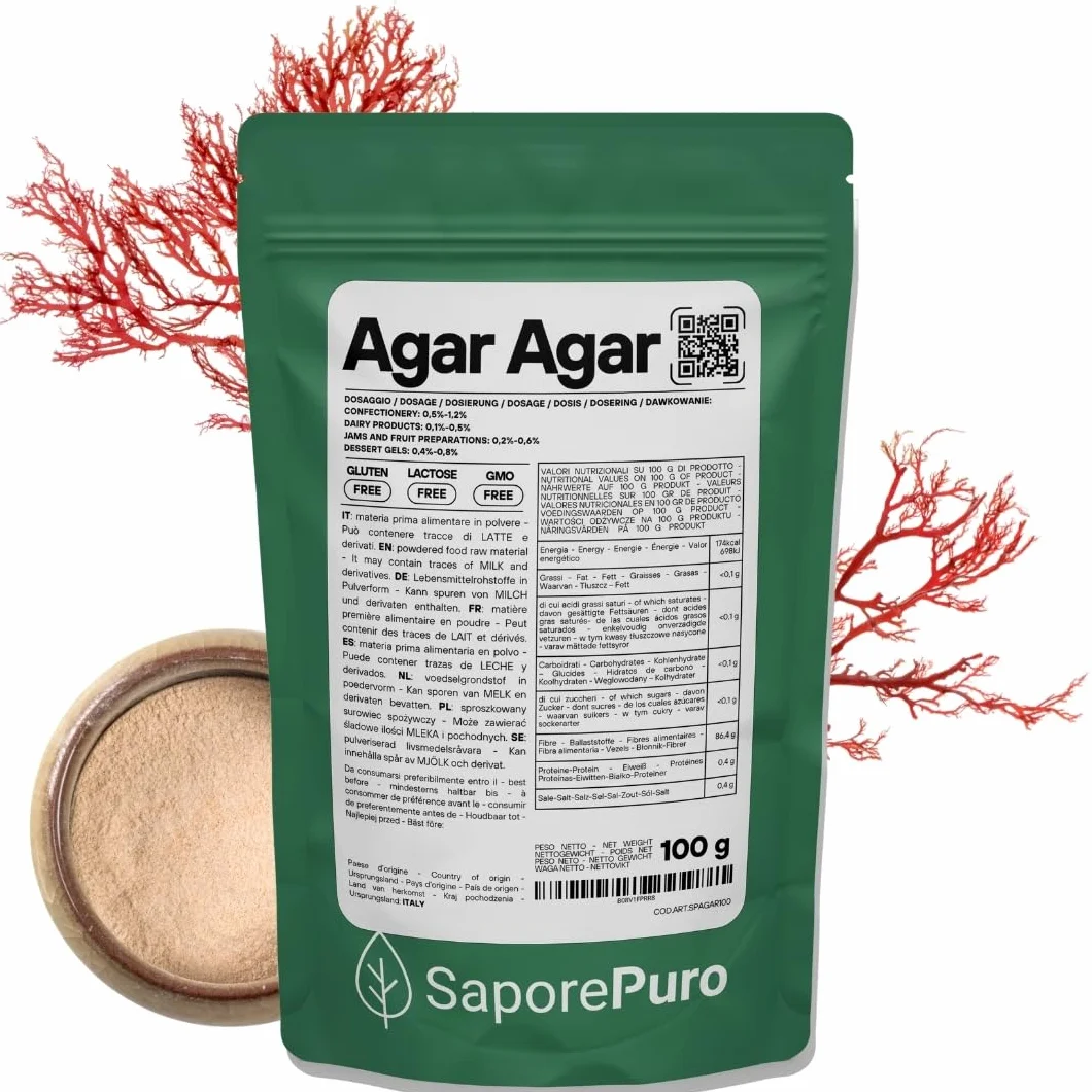 SaporePuro AGAR AGAR w proszku 100 g – Naturalny środek żelujący BEZ GLUTENU – Idealny do kuchni molekularnej, jako zagęszczacz do deserów, dżemów, budyniów i lodów
