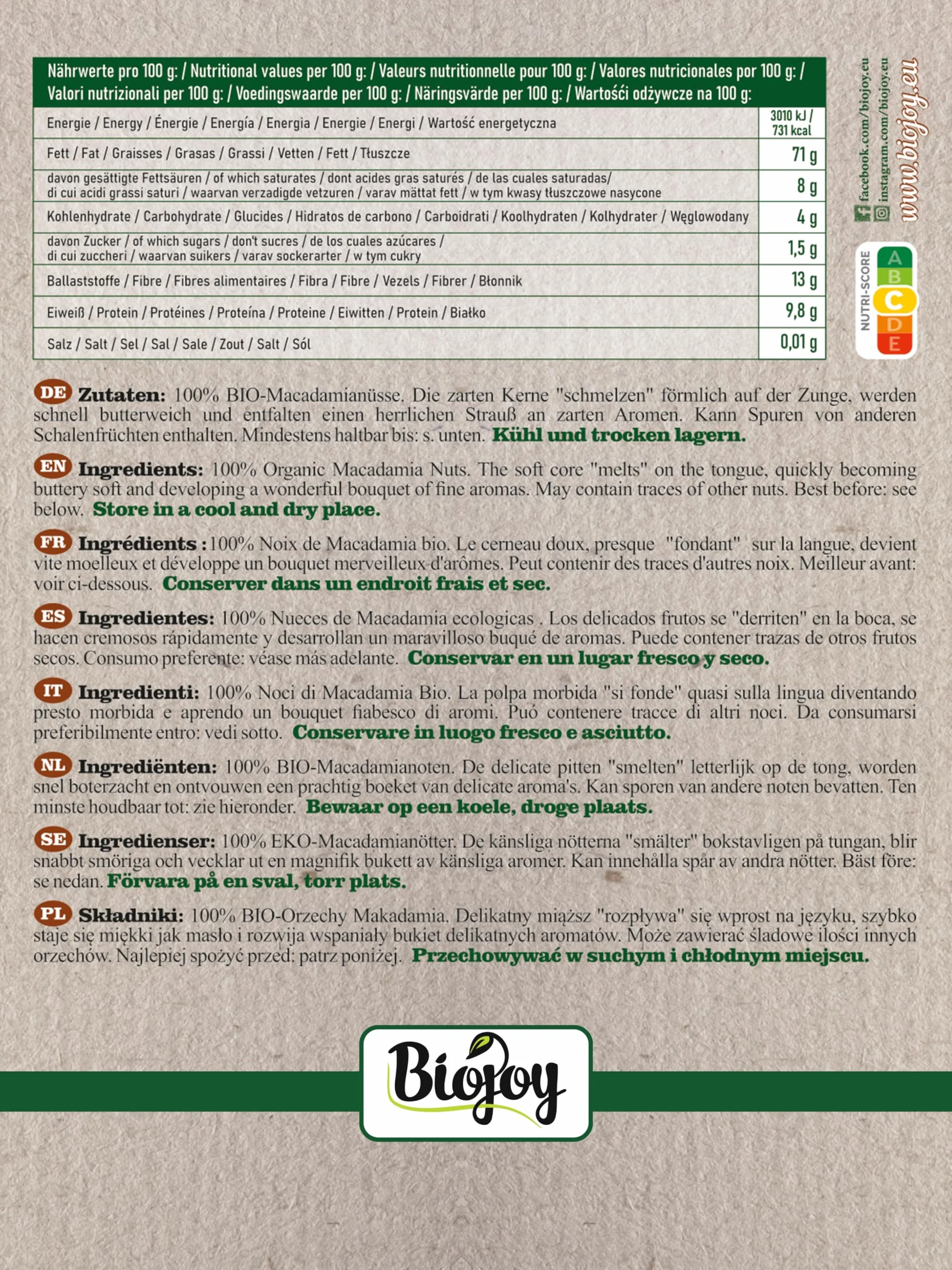 Biojoy BIO-Orzechy macadamia surowe nieprażone niesolone 1 kg