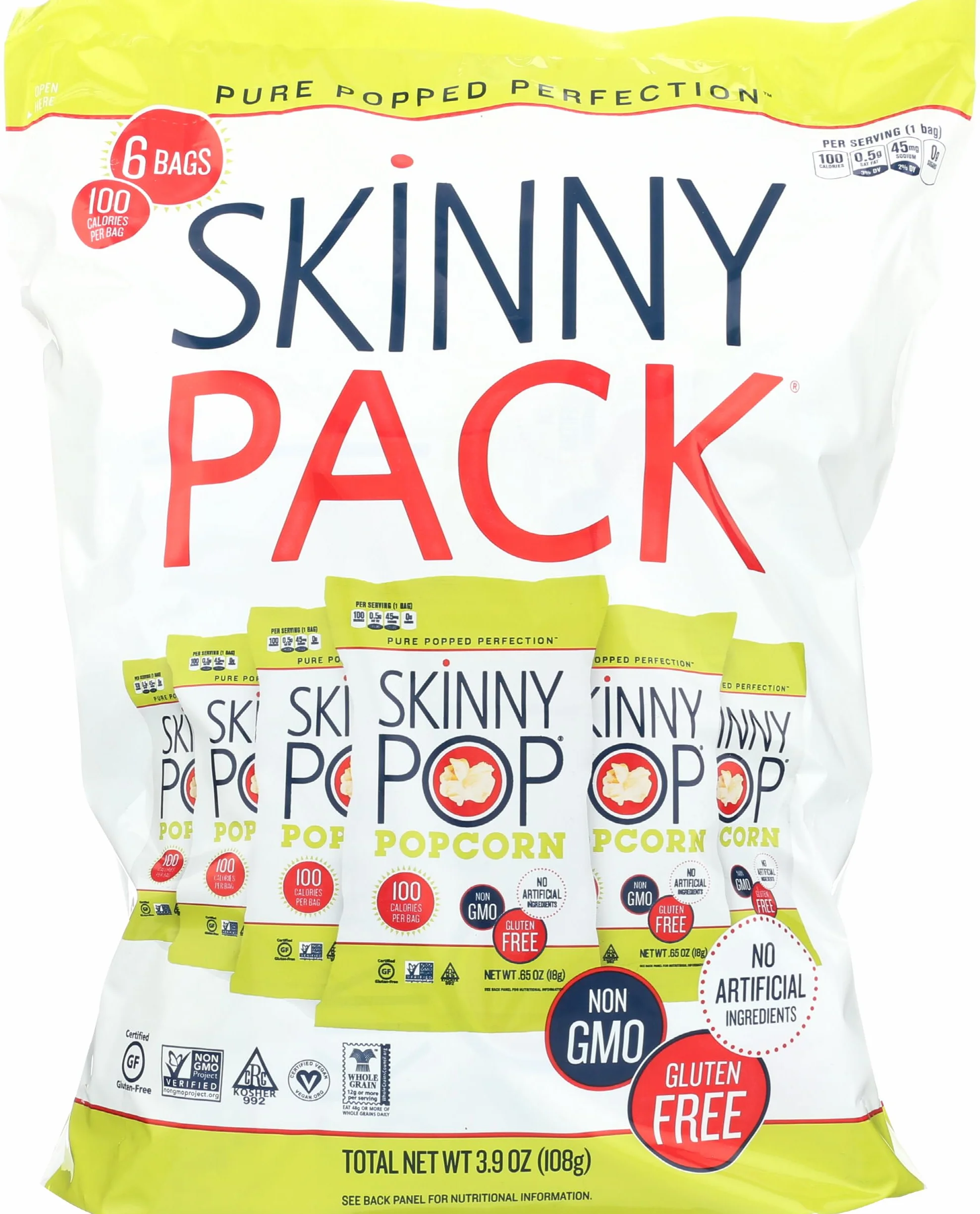SkinnyPop Popcorn, Gluten Free, Dairy Free, Non-GMO, Healthy Snacks, Skinny Pop Original Popcorn Snack Packs, 0.65oz Individual Size Snack Bags (6 Count)