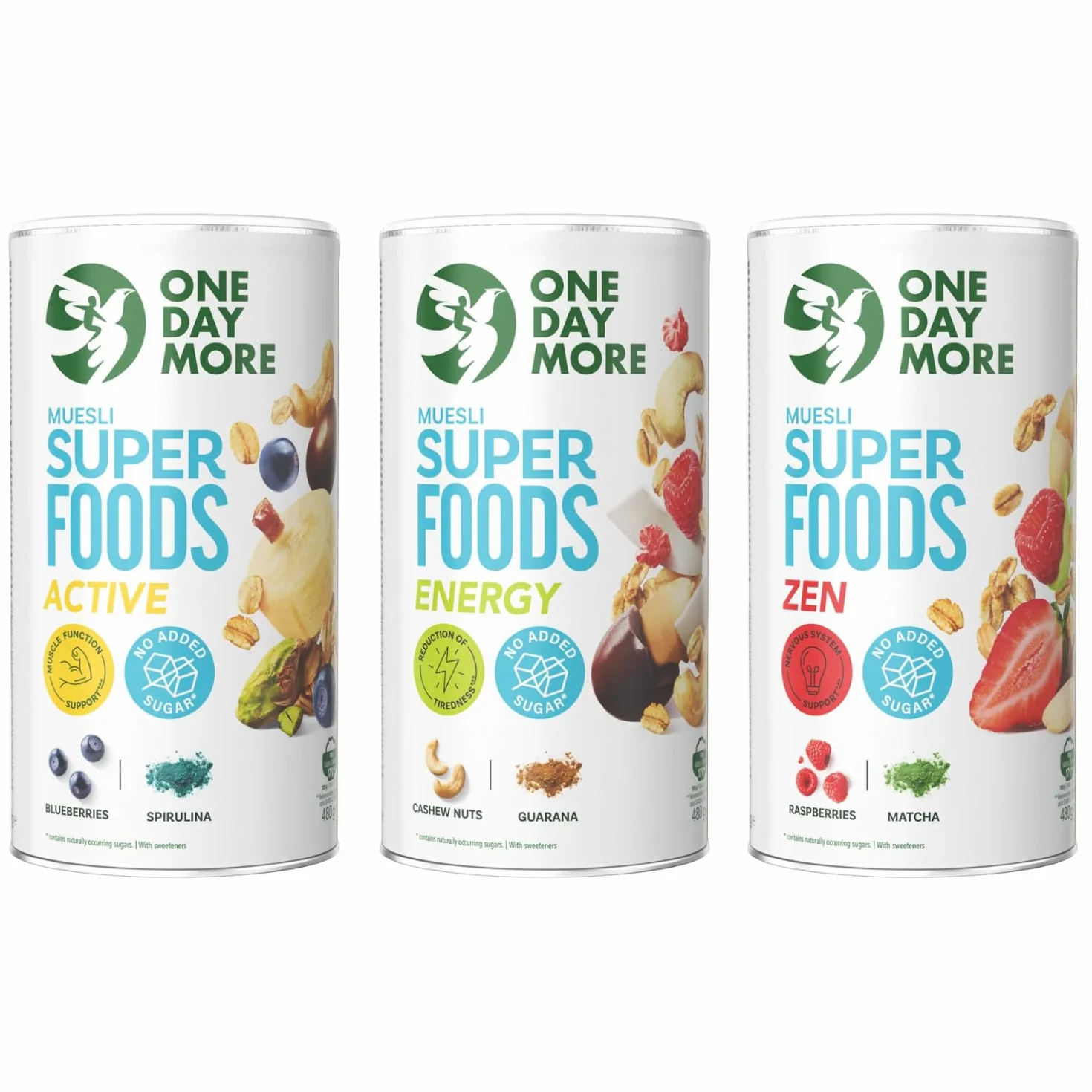 OneDayMore Zestaw Musli Superfoods 3 x 480 g: Active, Energy oraz Zen - Bez Dodatku Cukru z Orzechami i Owocami Liofilizowanymi płatki owsiane błonnik białko bananowe granola