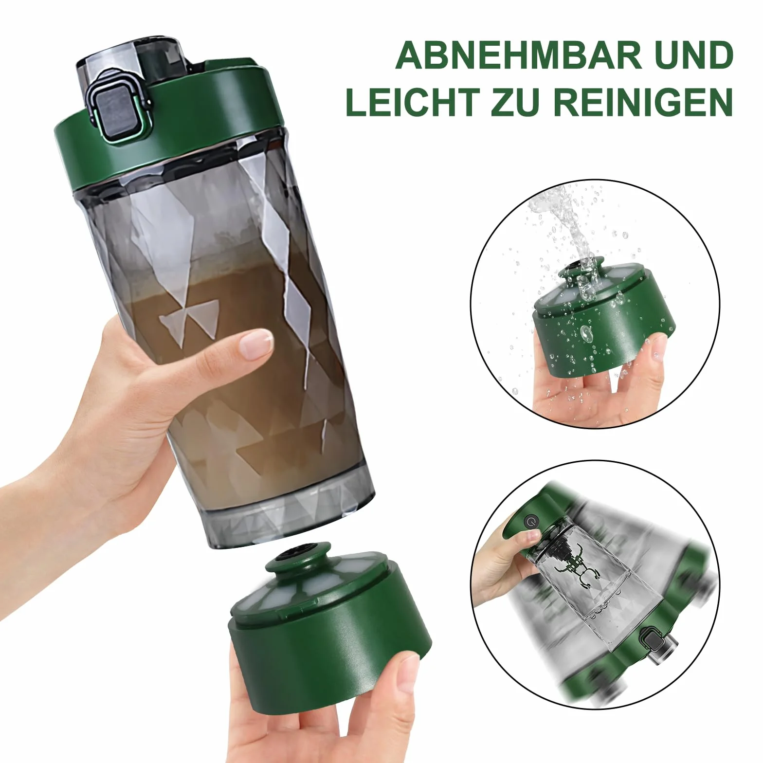 Elektryczny shaker 650 ml z komorą na proszek, ładowany przez USB, BPA free, zielony