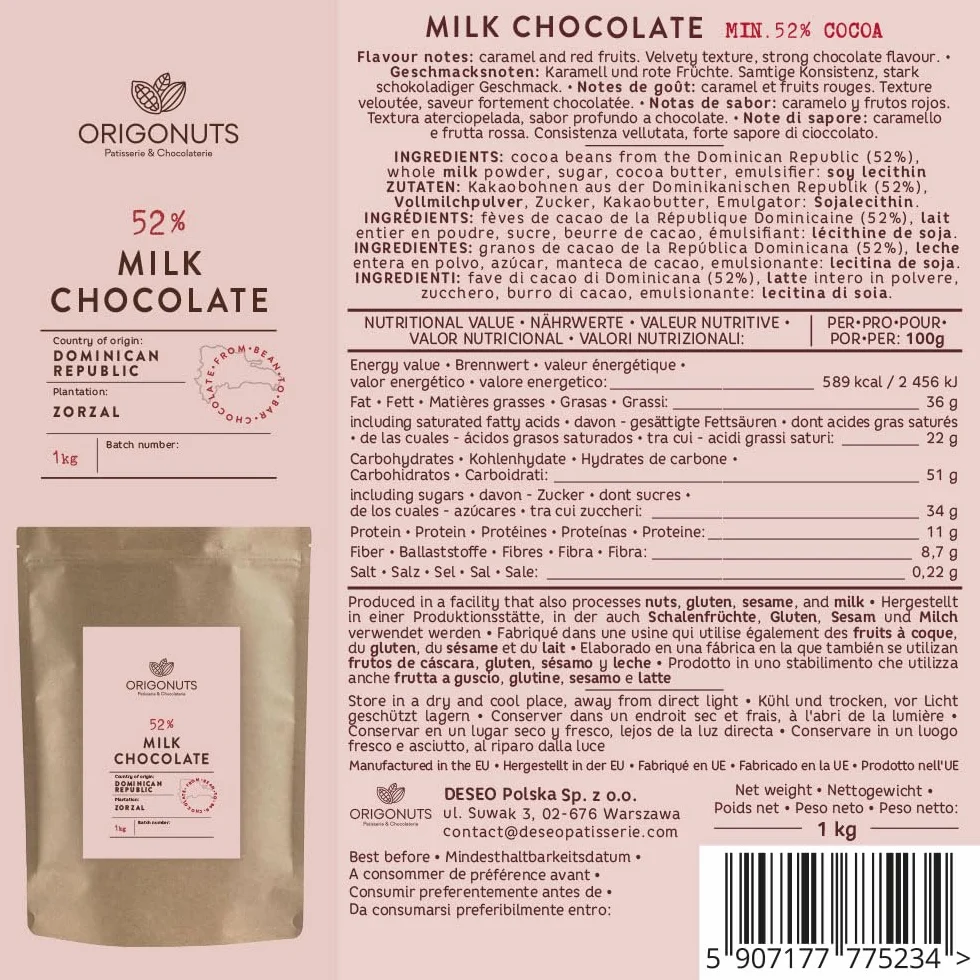 ORIGONUTS Dropsy Czekoladowe Czekolada do Topienia 52% Czekolady Mlecznej 1kg