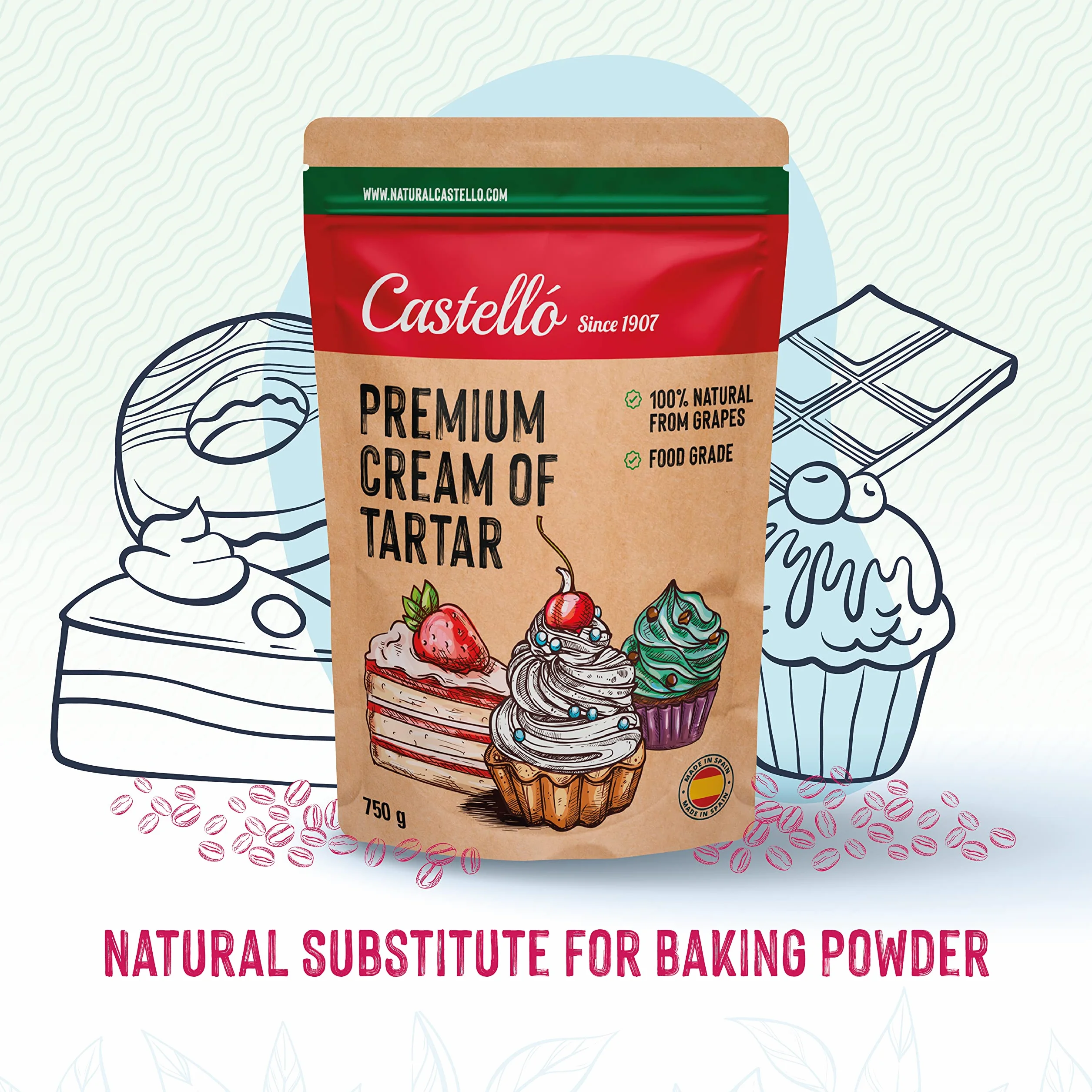 Castello since 1907 Kamień winny (Cream of Tartar) 750 g - 100% naturalny - Naturalna substytutka proszku do pieczenia - Bezglutenowy - Bez fosforanów - Keto i Paleo - Bez GMO