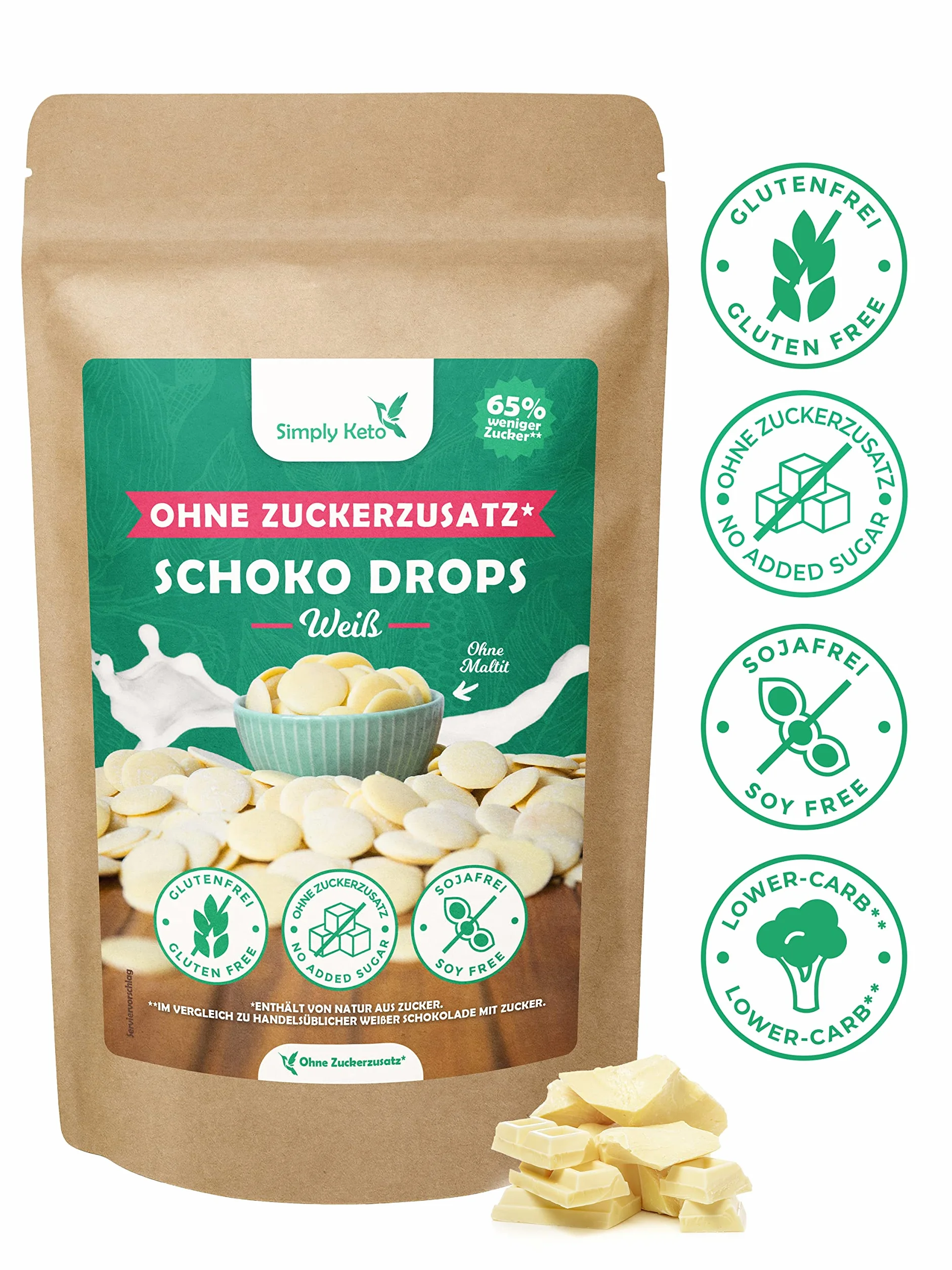 Simply Keto Lower carb* czekoladowe krople bez dodatku cukru 750 g – białe krople czekoladowe do podjadania lub pieczenia