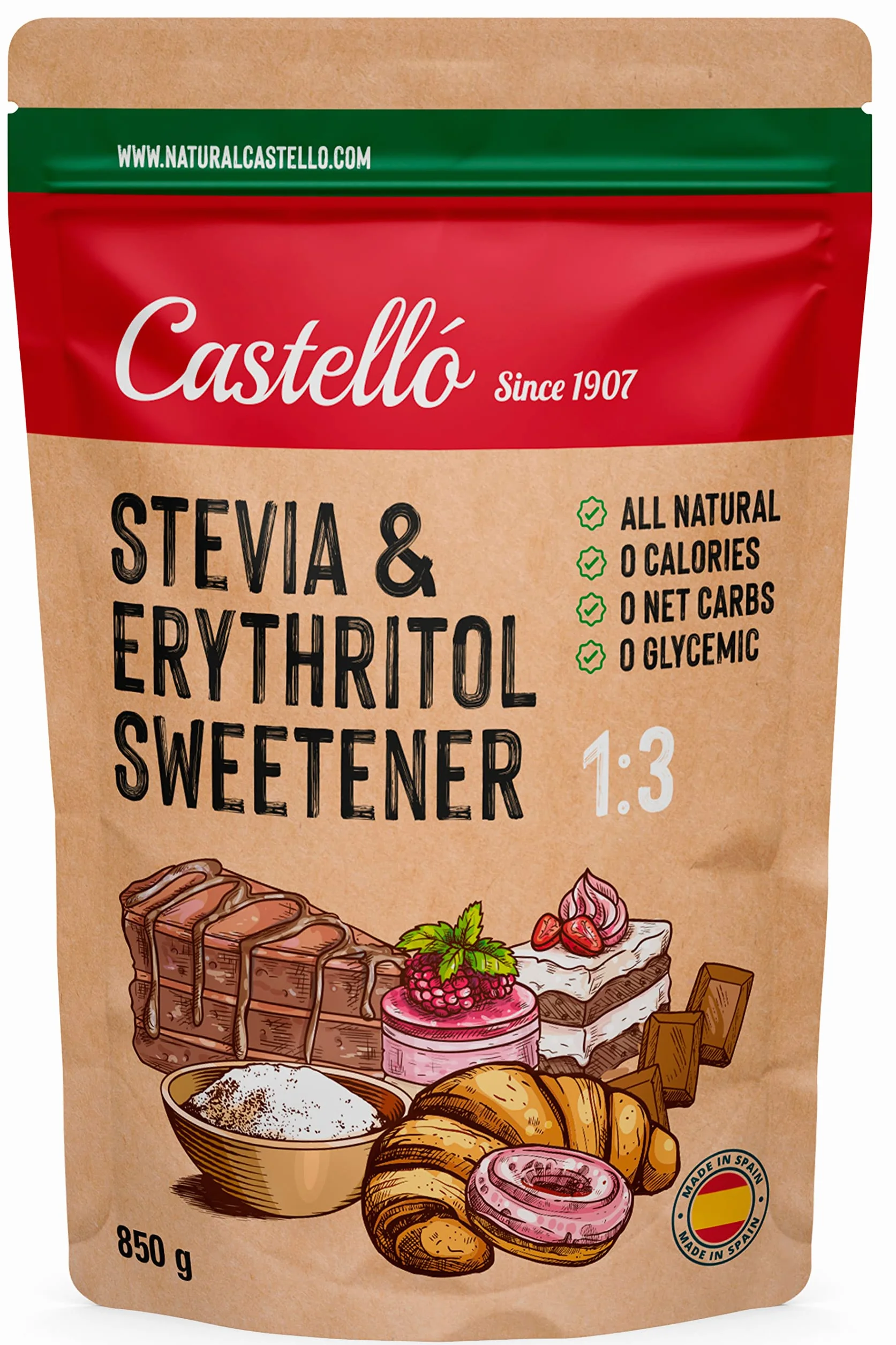Słodzik Stevia + Erytrytol 1:3 | 1g = 3g cukru | Słodzik o 100% naturalnym smaku - 0 Kalorii - 0 Indeks Glikemiczny - Keto i Paleo - 0 Węglowodanów Netto - Bez GMO - Castello since 1907-850 g