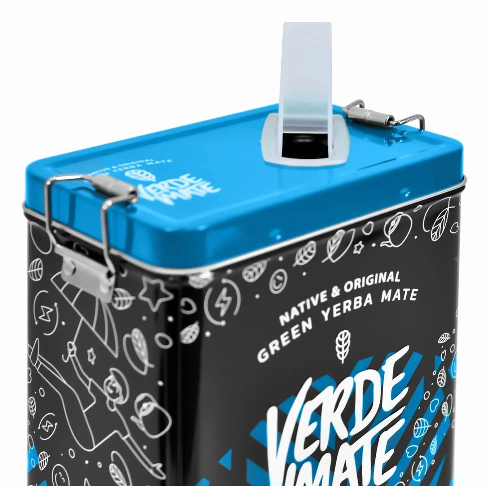 Verde Mate Green Mas IQ 0,5 kg | Yerbera | Metalowa puszka z dozownikiem | Ziołowo-owocowa yerba mate 500 g | Brazylijska | Zielona yerba mate | Herbata yerba mate z Brazylii | Suszona powietrzem